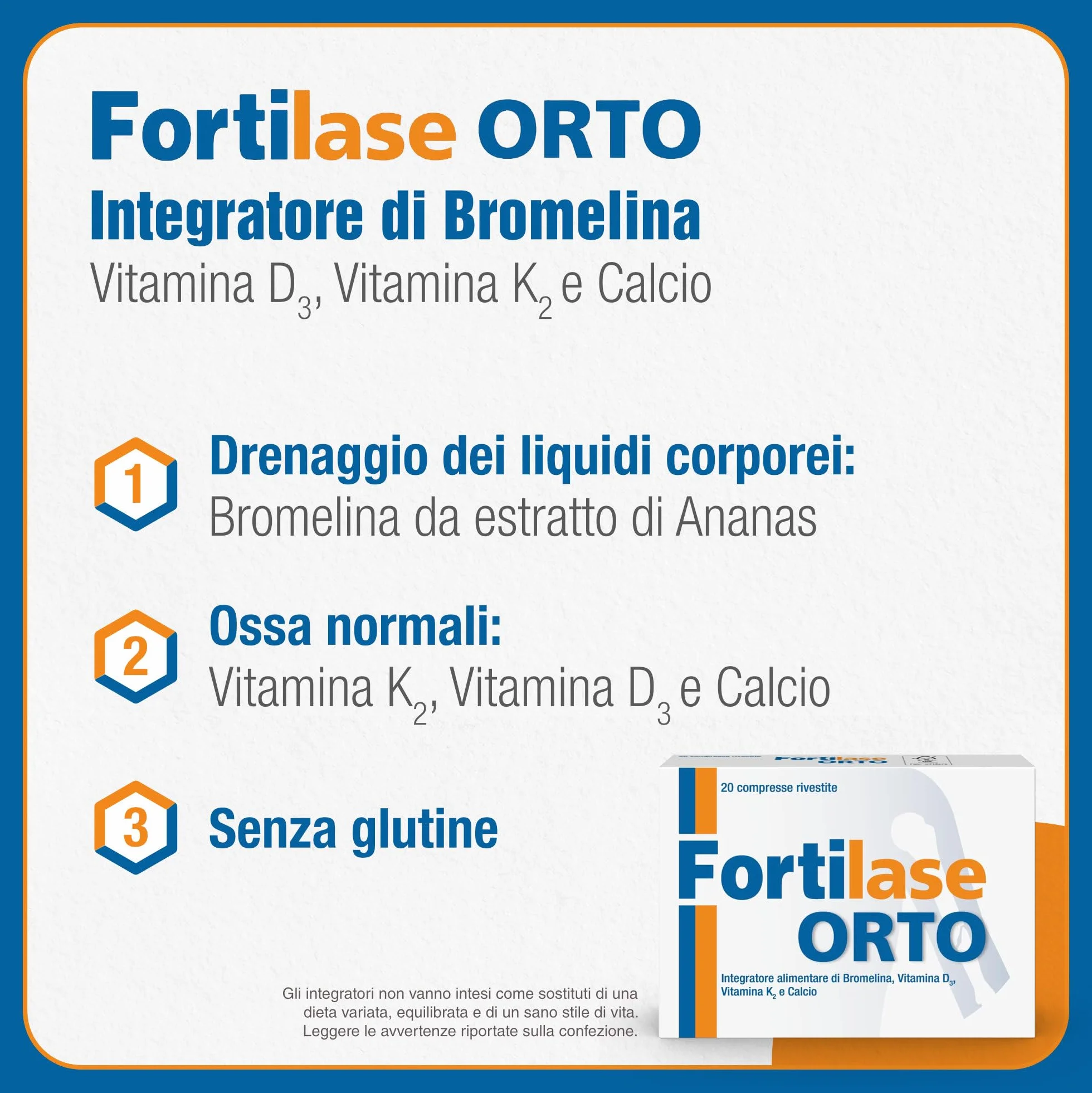 Fortilase Orto, 20 Compresse, Integratore Alimentare di Bromelina, Vitamina D3, Vitamina K2 e Calcio, Supporta il Sistema Osseo e Articolare