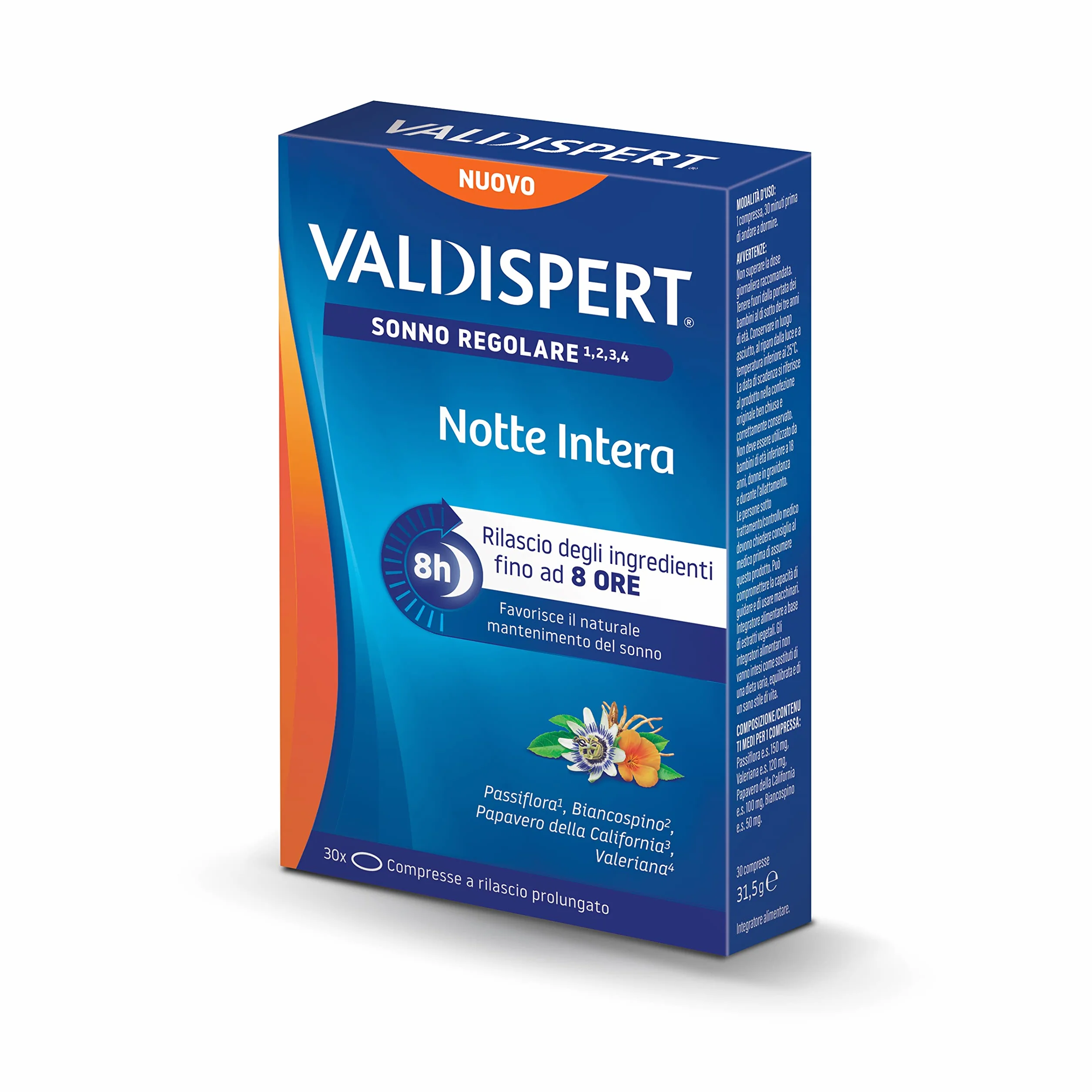 Valdispert Notte Intera 30 Compresse a Lento Rilascio per il Sonno Regolare con Valeriana, Passiflora, Biancospino e Papavero della California
