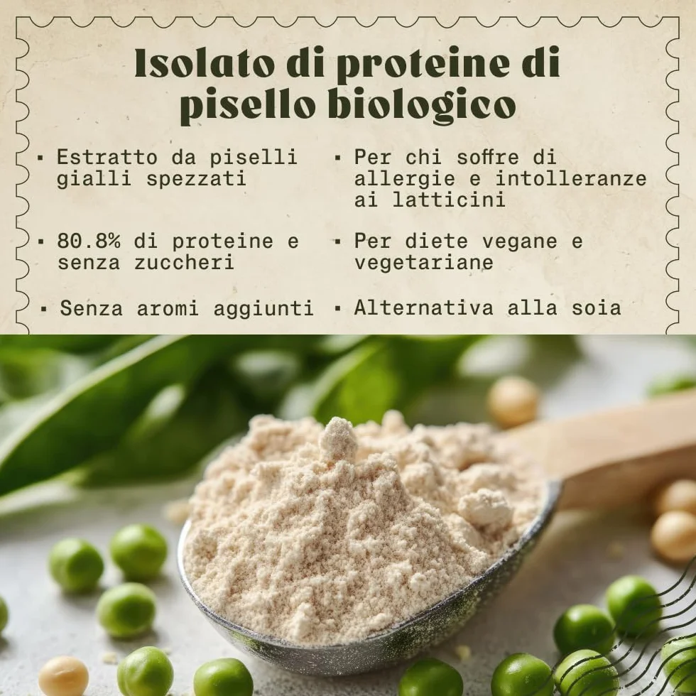 NaturaleBio Proteine di pisello 450g. Vegane, biologiche e non OGM. Ipoallergeniche e facilmente digeribili. Per la gestione del peso, il recupero e la crescita muscolare.