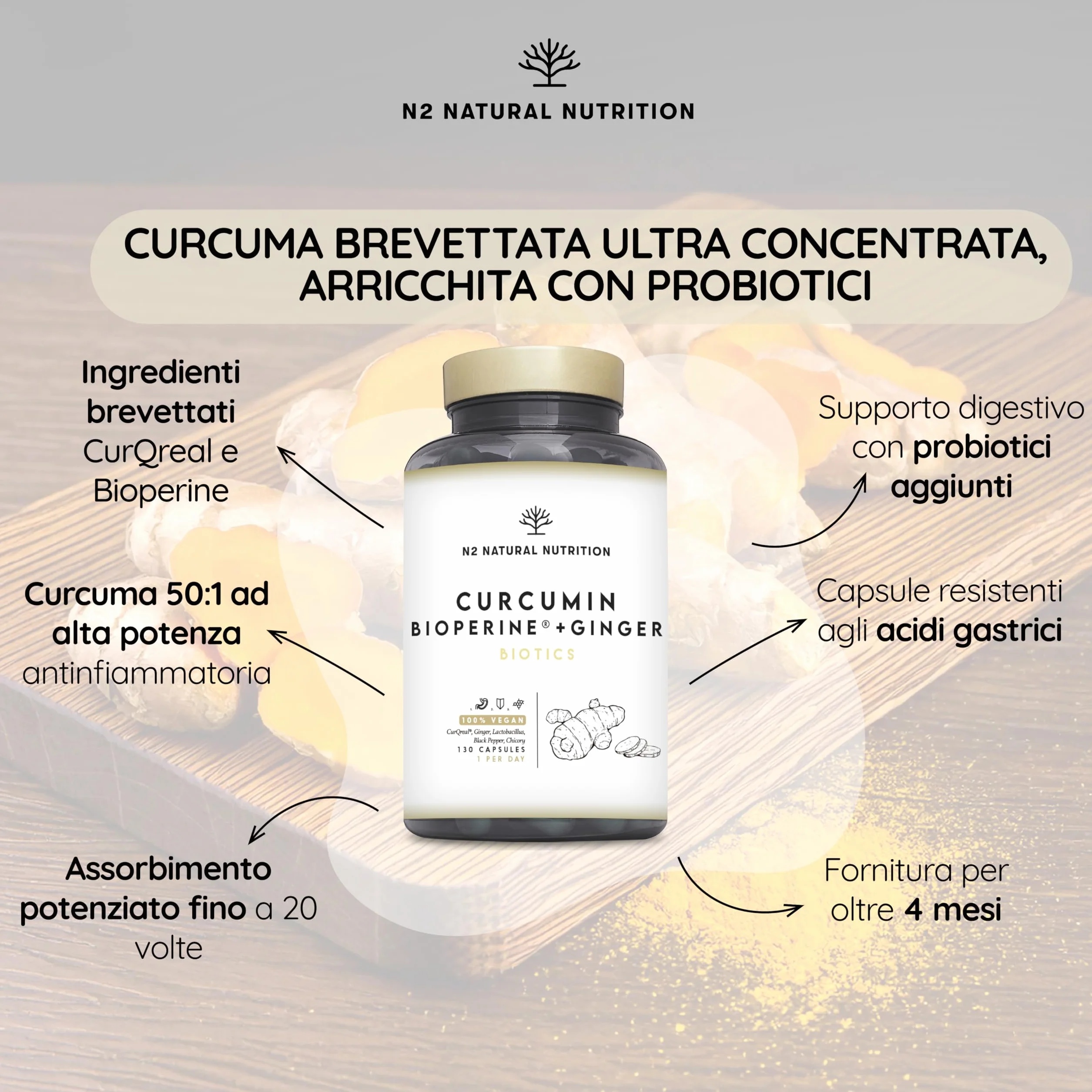 N2 Natural Nutrition Curcuma con Piperina 10000 mg Probiotici Zenzero 4 Mesi Antinfiammatorio Antiossidante