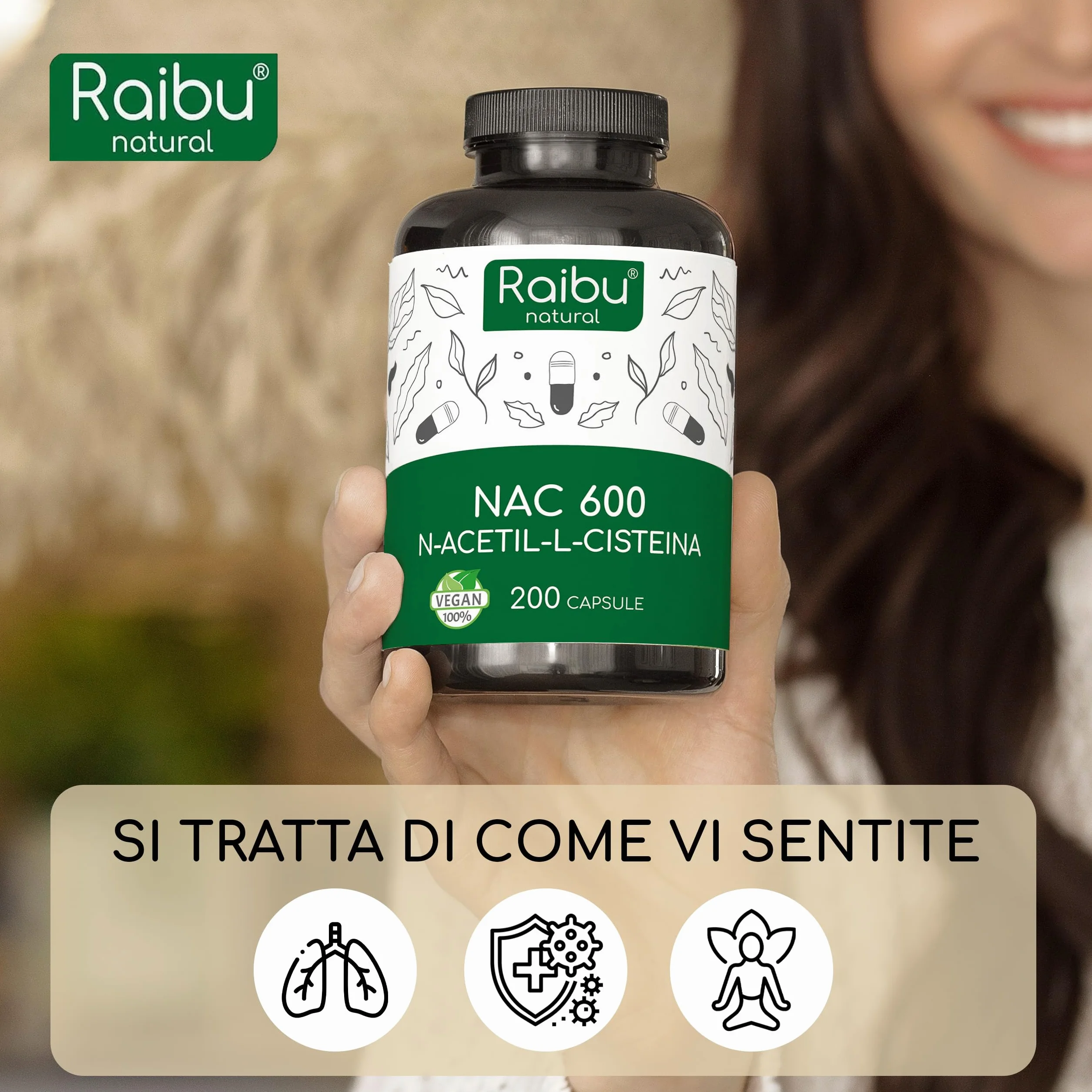 NAC N-Acetil-Cisteina 600mg - 200 capsule - 100% NATURALE - Vegano e senza additivi - Altamente dosato - Qualità Premium - Prodotte da Raibu