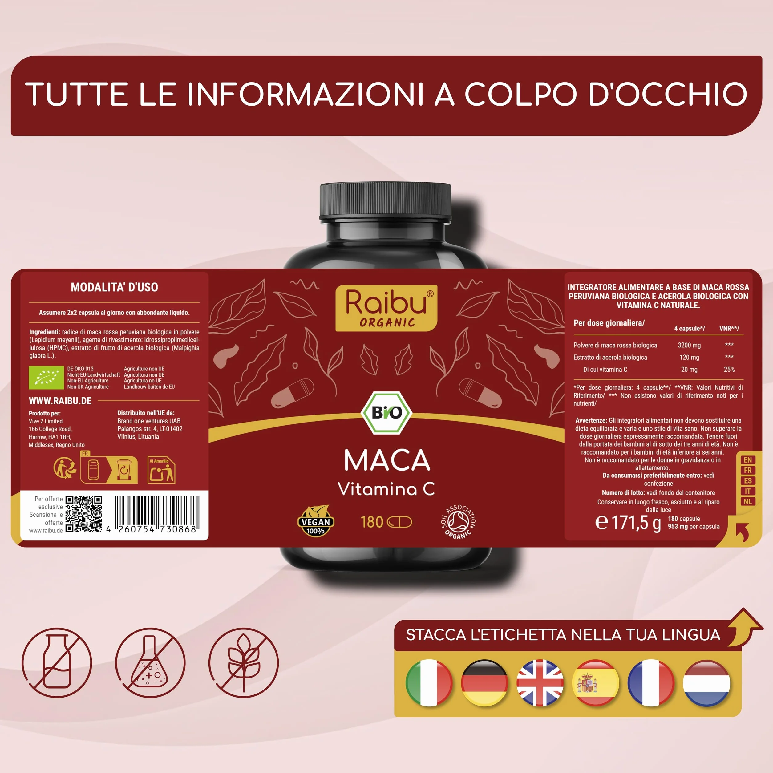 Maca Rossa Peruviana BIO - 180 capsule da radice di Maca Peruviana - Equilibrio ormonale per donna - 3.200mg per dose giornaliera (equivalenti a 12.800mg di radice del Perù) - Con vitamina C naturale
