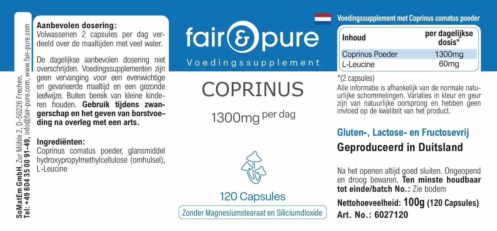 Fair & Pure Capsule di Coprinus 1300mg dose giornaliera, 120 pezzi, fungo coprinus, integratore alimentare vegano senza additivi, prodotto in Germania