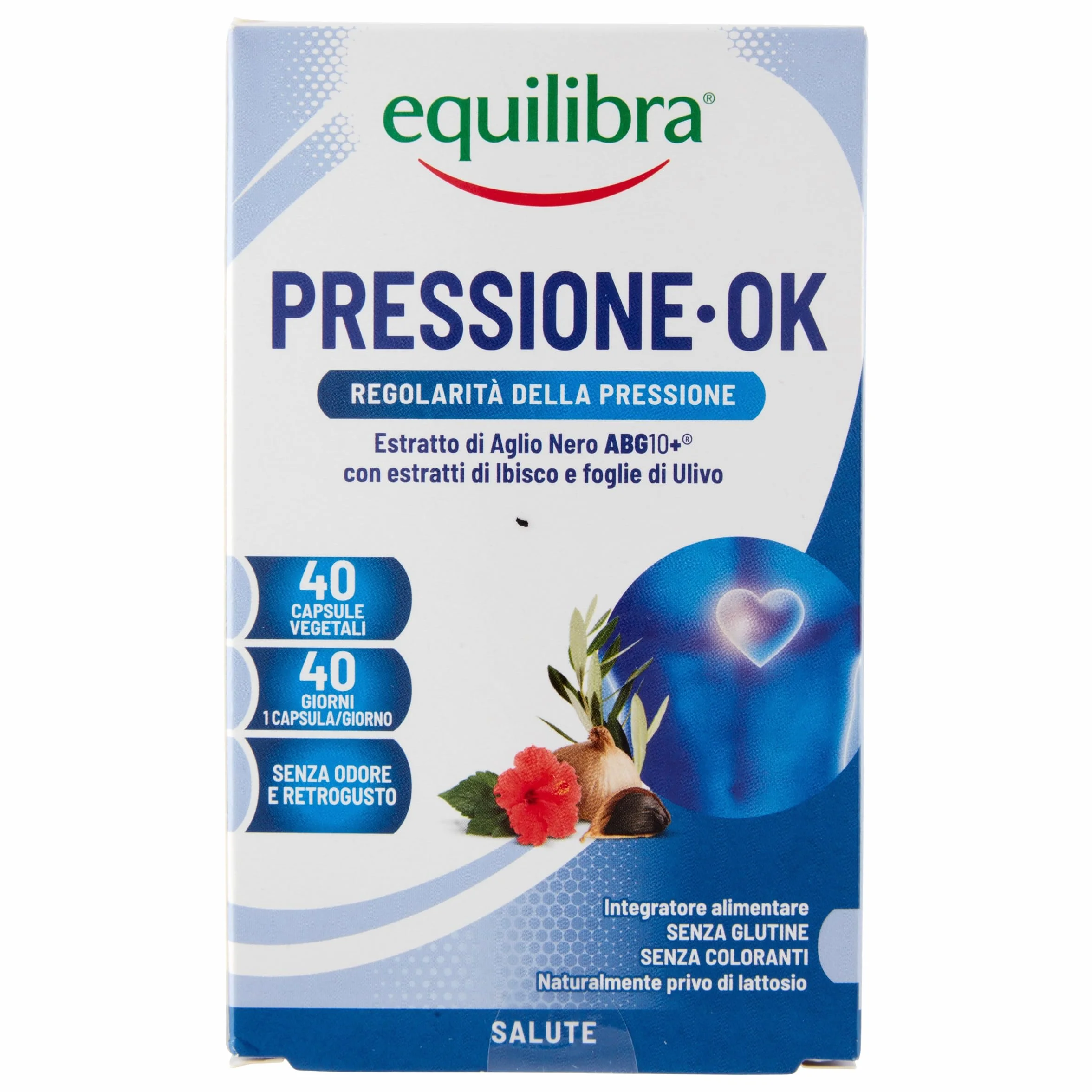 Equilibra Integratori Alimentari, Pressione Ok, a Base di Aglio Nero ABG10+, Fiori di Ibisco e Foglie di Ulivo, Senza Odore e Retrogusto, Pressione Arteriosa Regolare, 40 Capsule Vegetali