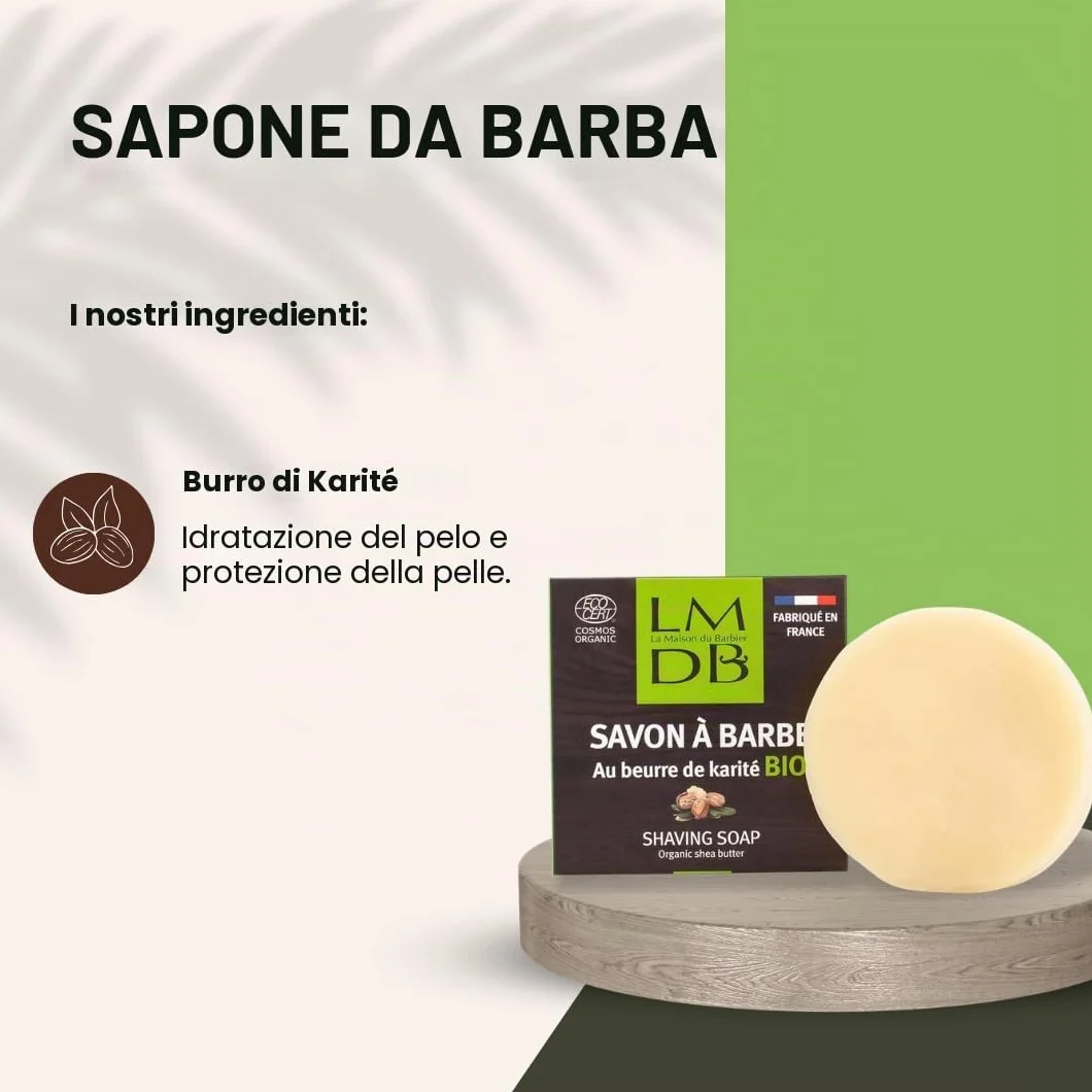 Sapone per barba al burro di karité biologico Ecocert Cosmos Organic - 99% naturale, 79% biologico - Fabbricazione francese - 80 g
