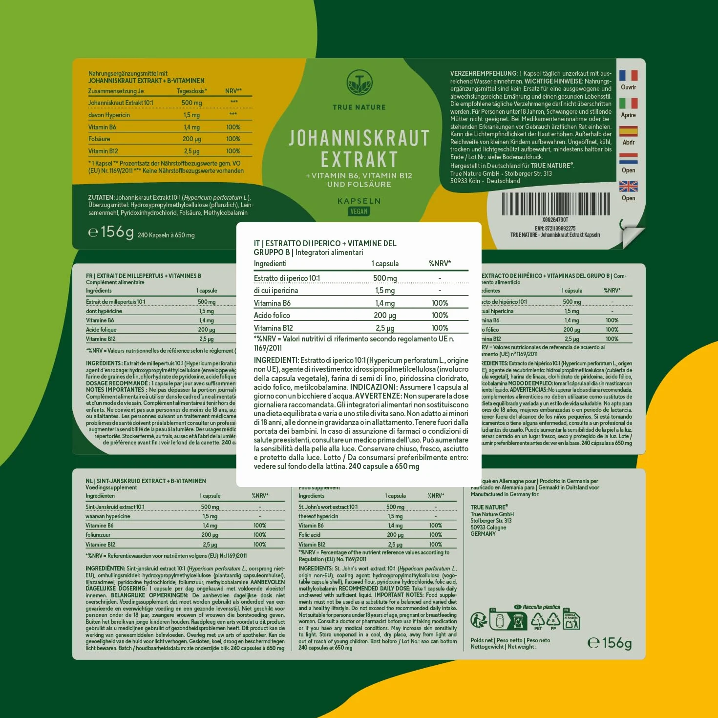 Capsule di iperico ad alto dosaggio - 240 capsule con le vitamine B6, B12 e acido folico - 5000 mg di iperico per capsula (estratto 10:1) - ipericina & iperforina - Prodotto in Germania - TRUE NATURE