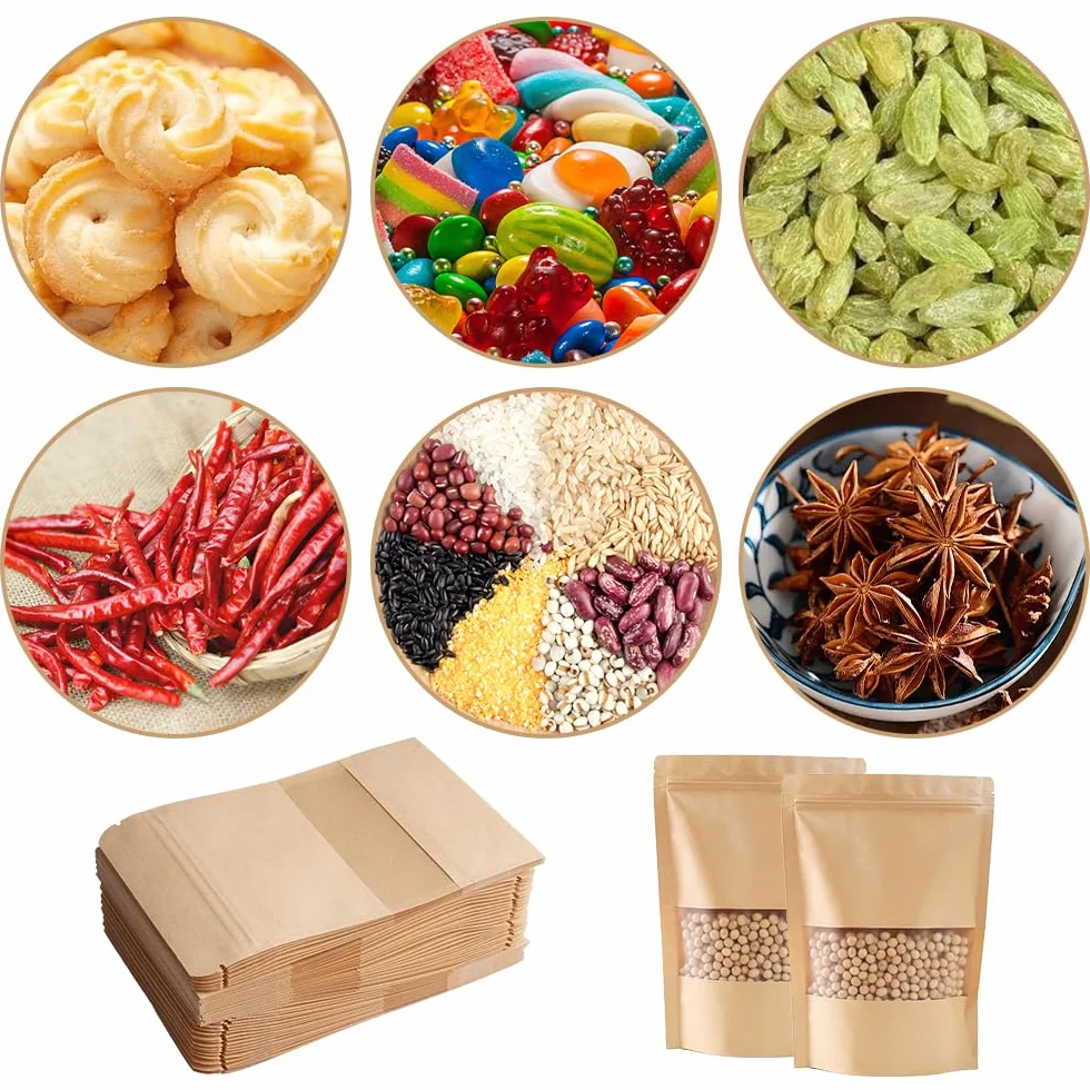 100 Pezzi 15 x 10 cm Sacchetti Carta Kraft con Finestra, Marrone Sacchetti di Carta per Alimenti, Riutilizzabile con Cerniera Imballaggi per Alimenti in Carta Kraft per Noci, Chicchi di Caffè, Tè