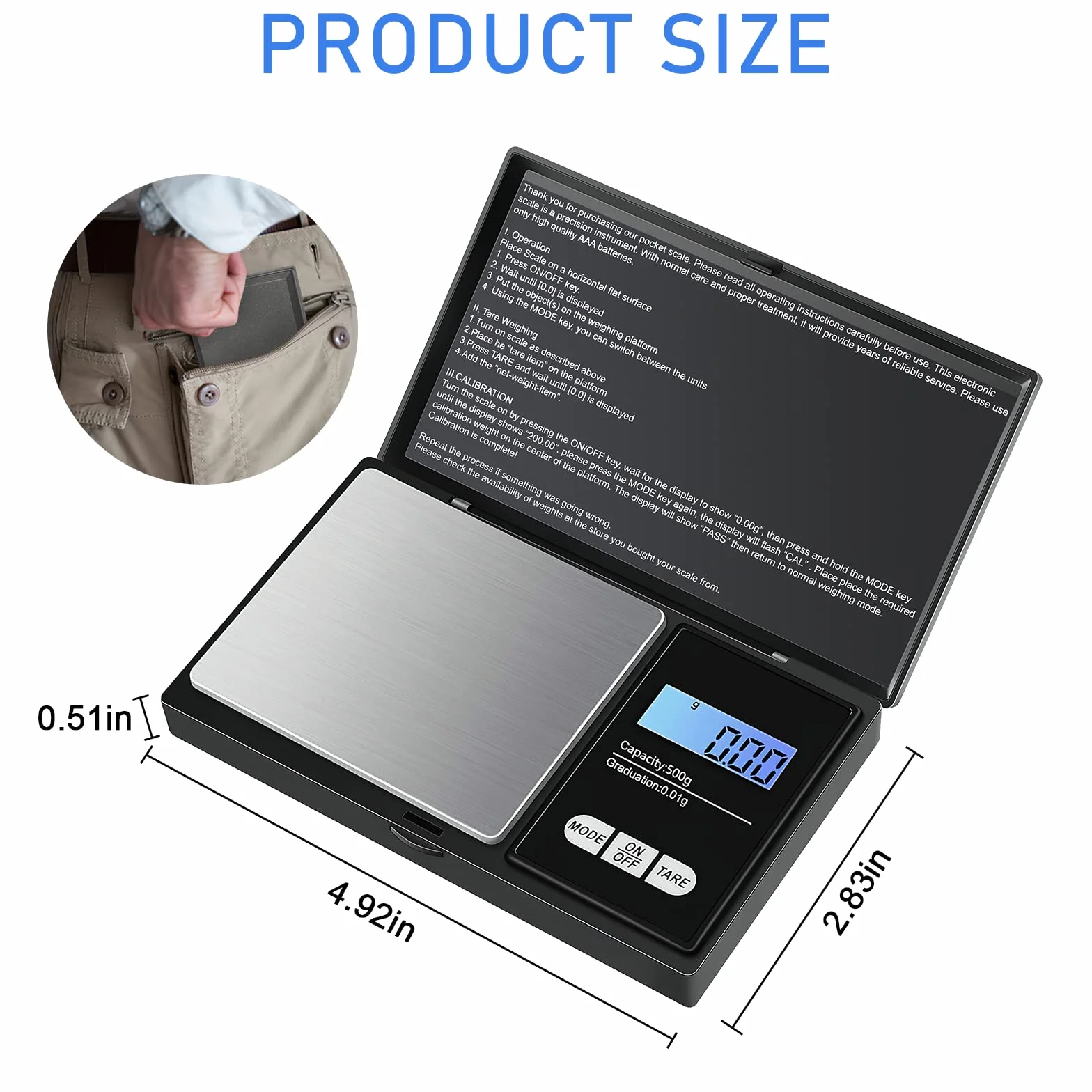 Bilancia di Precisione 500g/0.01g Portatile Digitale con Display LCD Retroilluminato, Tara, per Gioielli/Cucina/Caffè