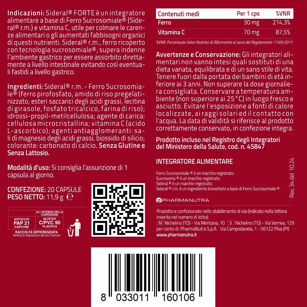 SiderAL® Forte Integratore alimentare a base di Ferro Sucrosomiale®, No Gusto metallico, Alta Tolerabilità, Alto assorbimento, No Glutine, No lattosio, 20 Capsule, Pharmanutra