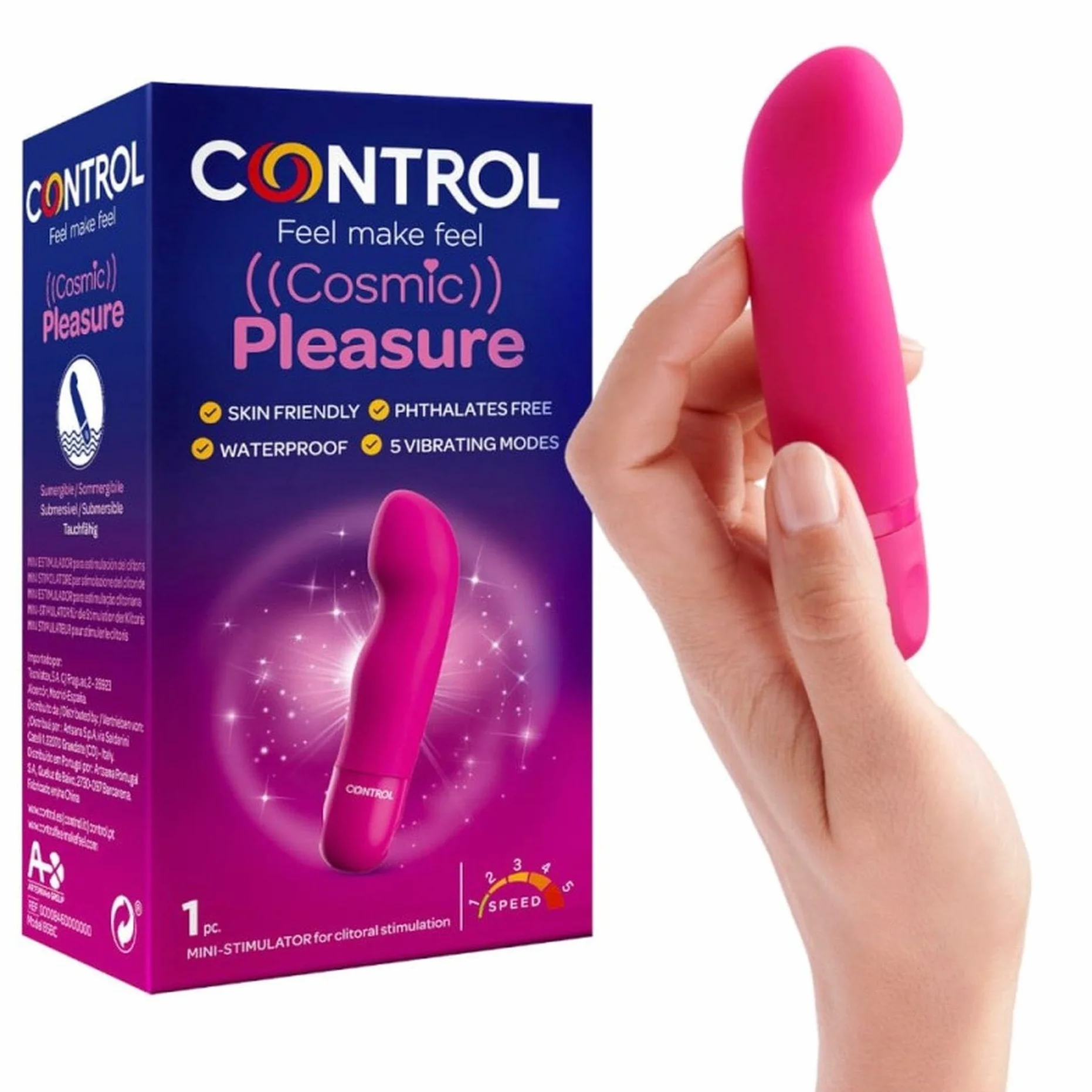 Control Cosmic Pleasure, Mini Stimolatore con Design a Curva, Silicone medico senza Ftalati e Skin Friendly, Impermeabile e sommergibile (IPX7)