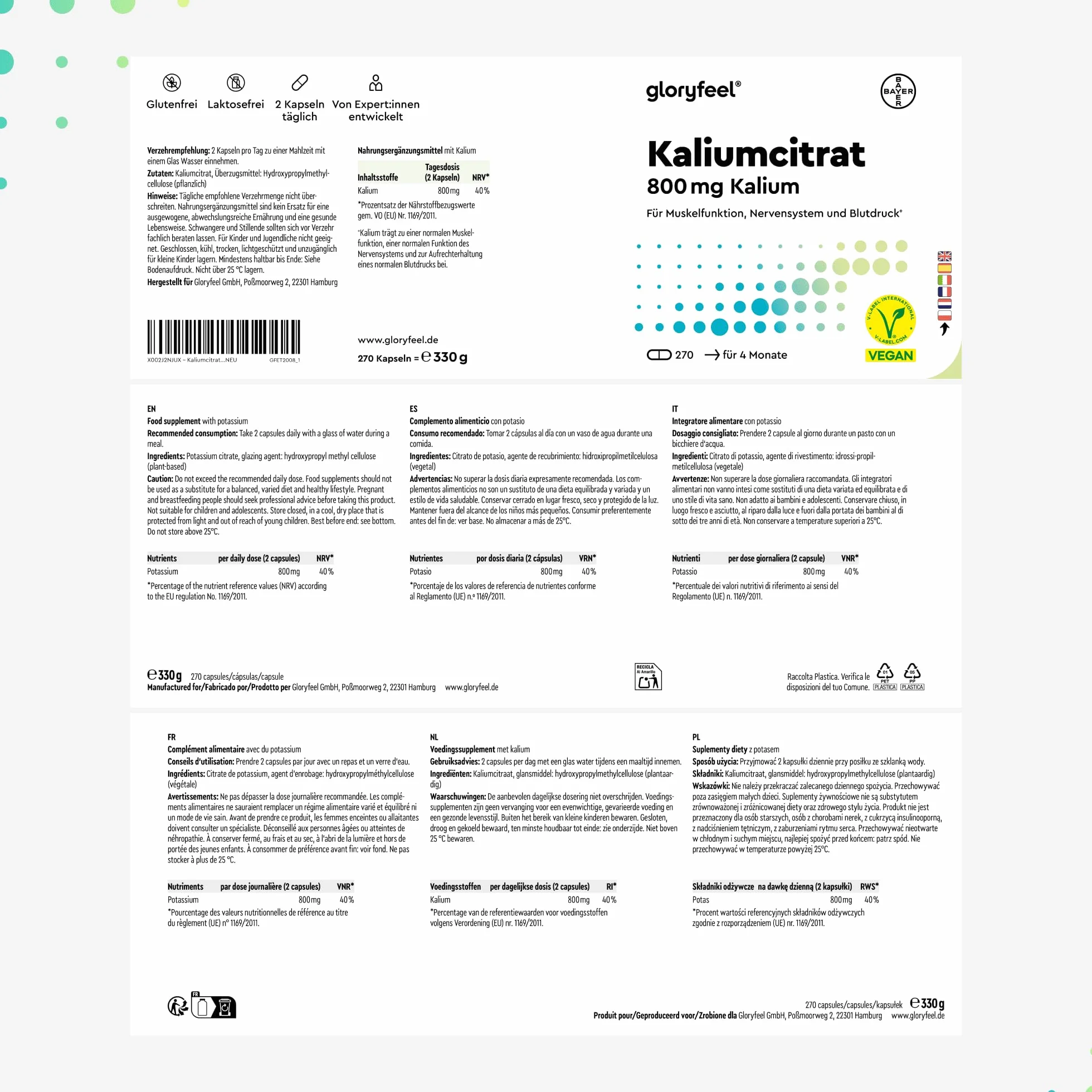 Potassio Integratore, 270 Capsule, Eletto PRODOTTO DELL'ANNO 2025, Vegano, 800mg Citrato di Potassio Puro, Scorta 4 Mesi, Supporto Muscoli Nervi e Pressione Sanguigna, Senza Additivi, 100% Vegan