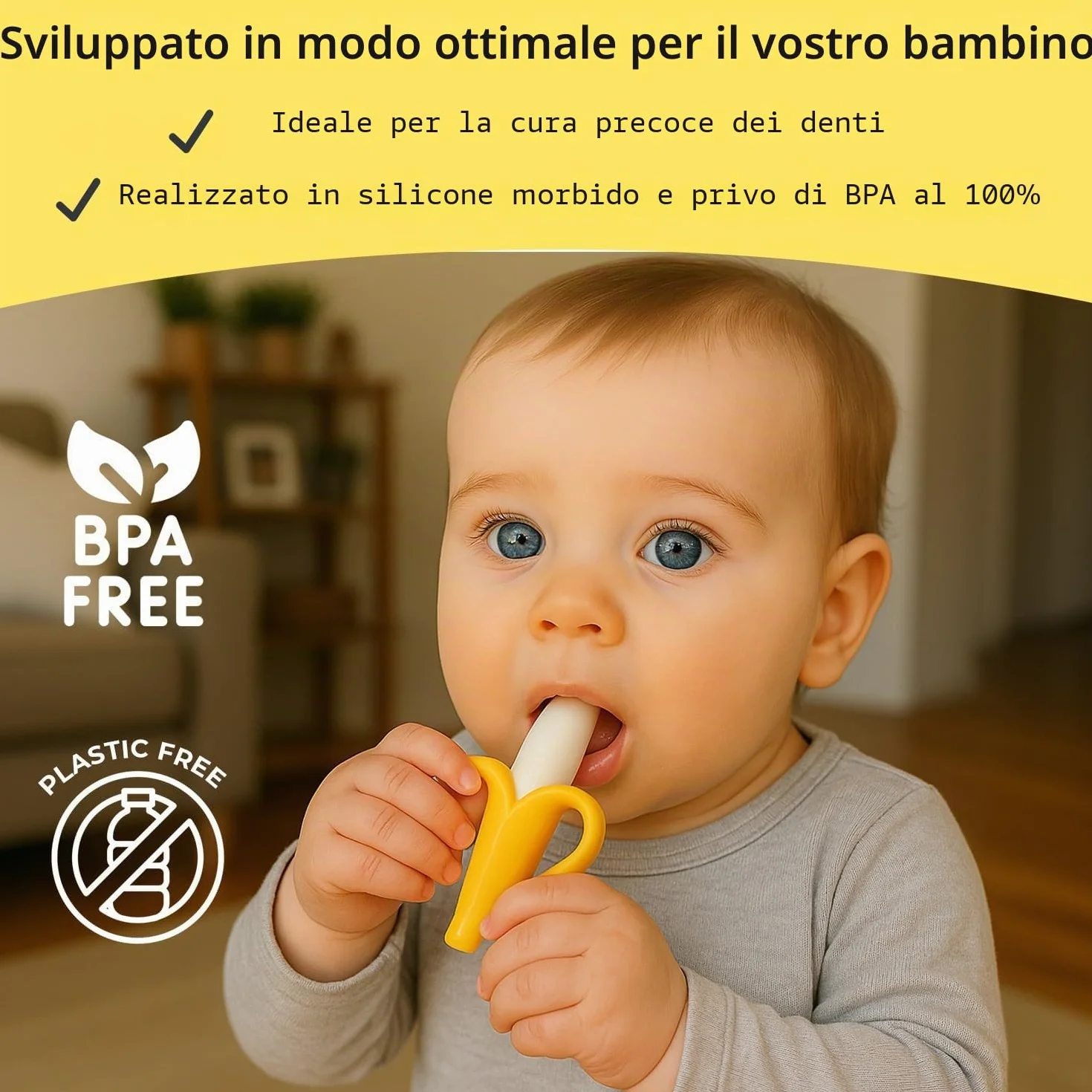 Spazzolino da denti e massaggiagengive per bambino a forma di banana – 2 in 1 invenzione per pulire i denti e proteggerli
