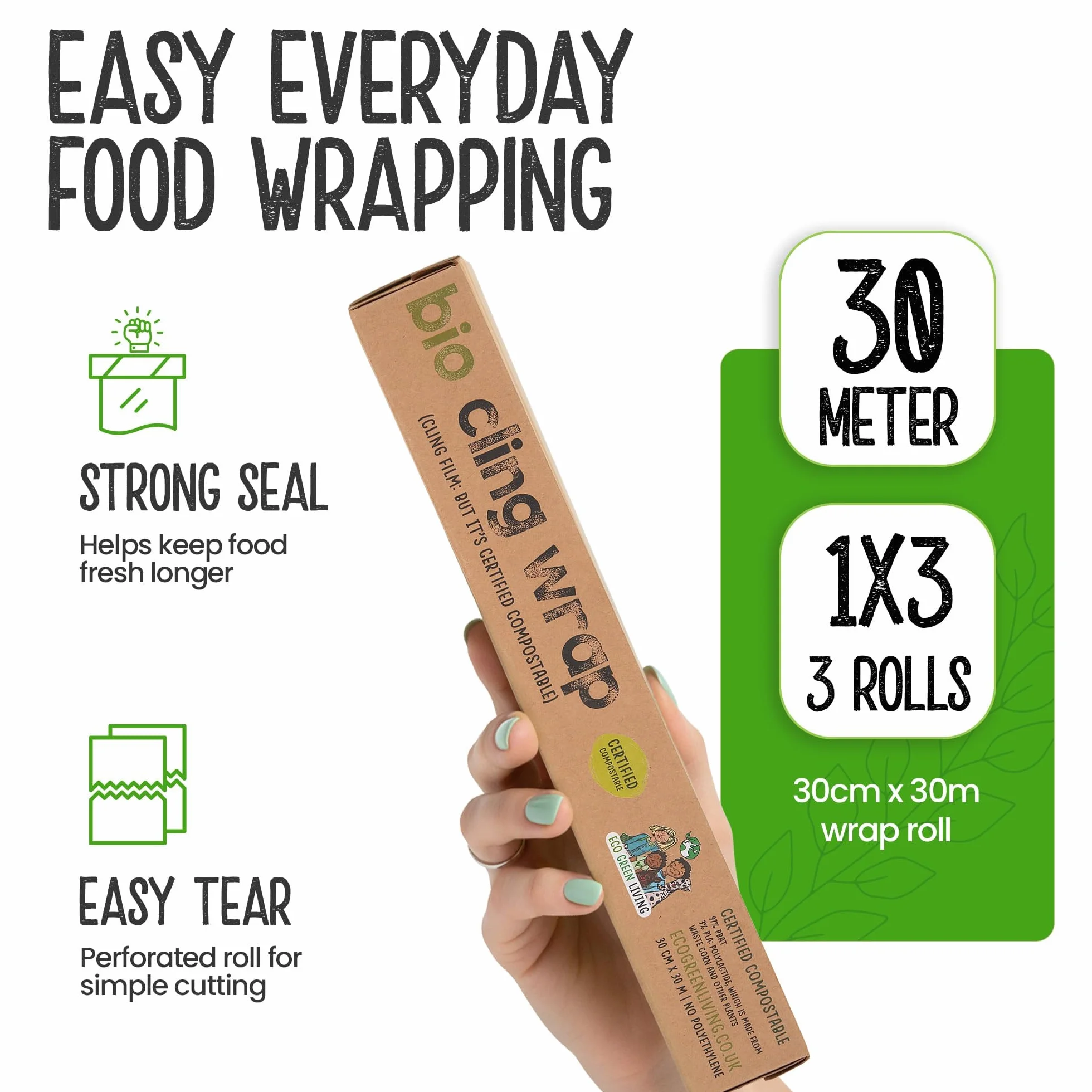 Pellicola trasparente biodegradabile Eco Green Living, 100% compostabile, senza BPA e plastica, vegana, adatta a dispenser in cartone riciclabile. Confezione da 3 rotoli da 30 cm x 30 m