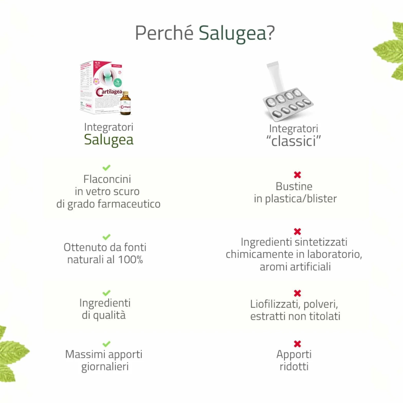 CARTILAGEA Salugea Integratore Cartilagini Collagene Idrolizzato Glucosamina Condroitina Rosa Canina Manganese Rame Selenio 18 Flaconcini