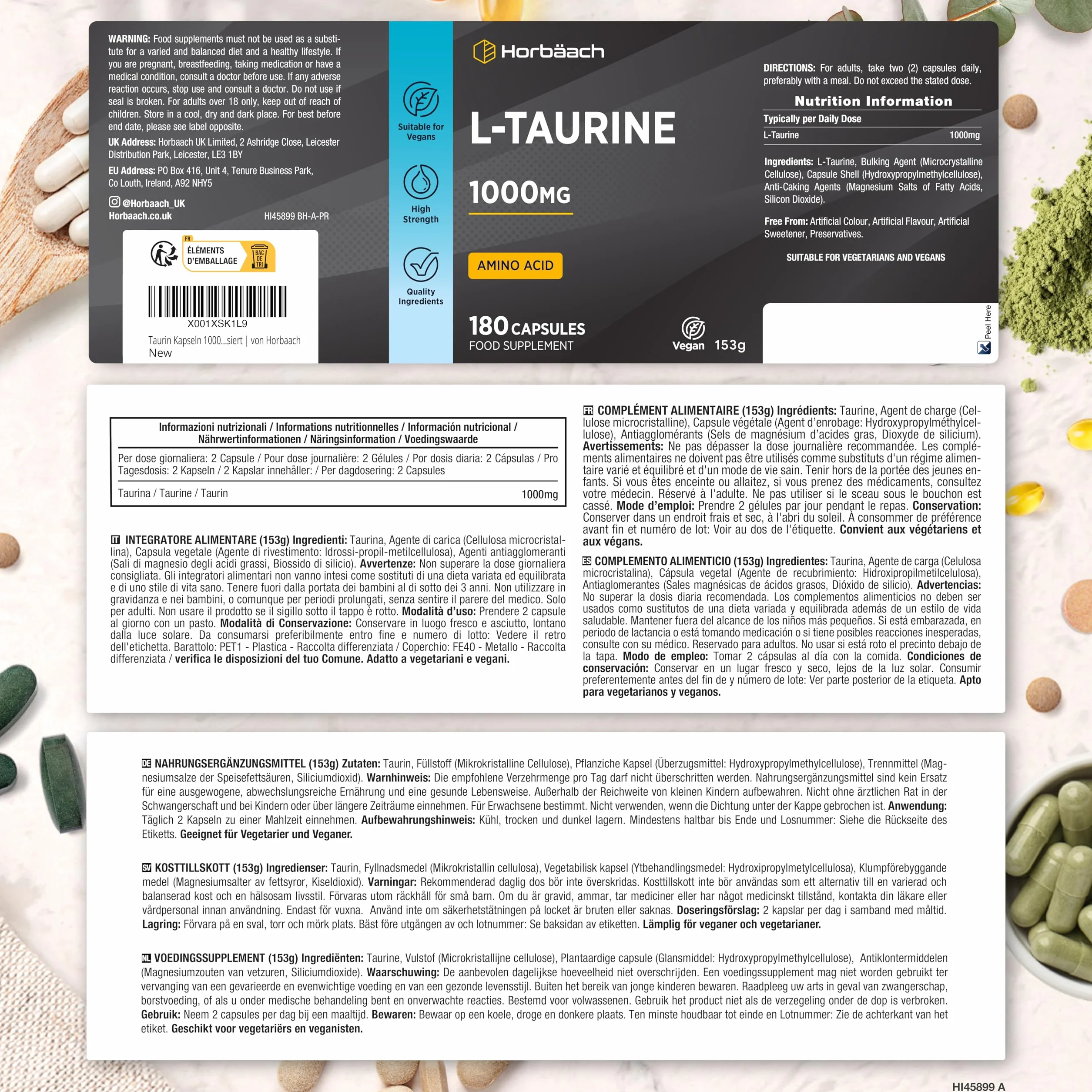 Horbaach Taurina 1000 mg 180 Capsule Vegane Aminoacidi Essenziali Pre Workout Post Workout