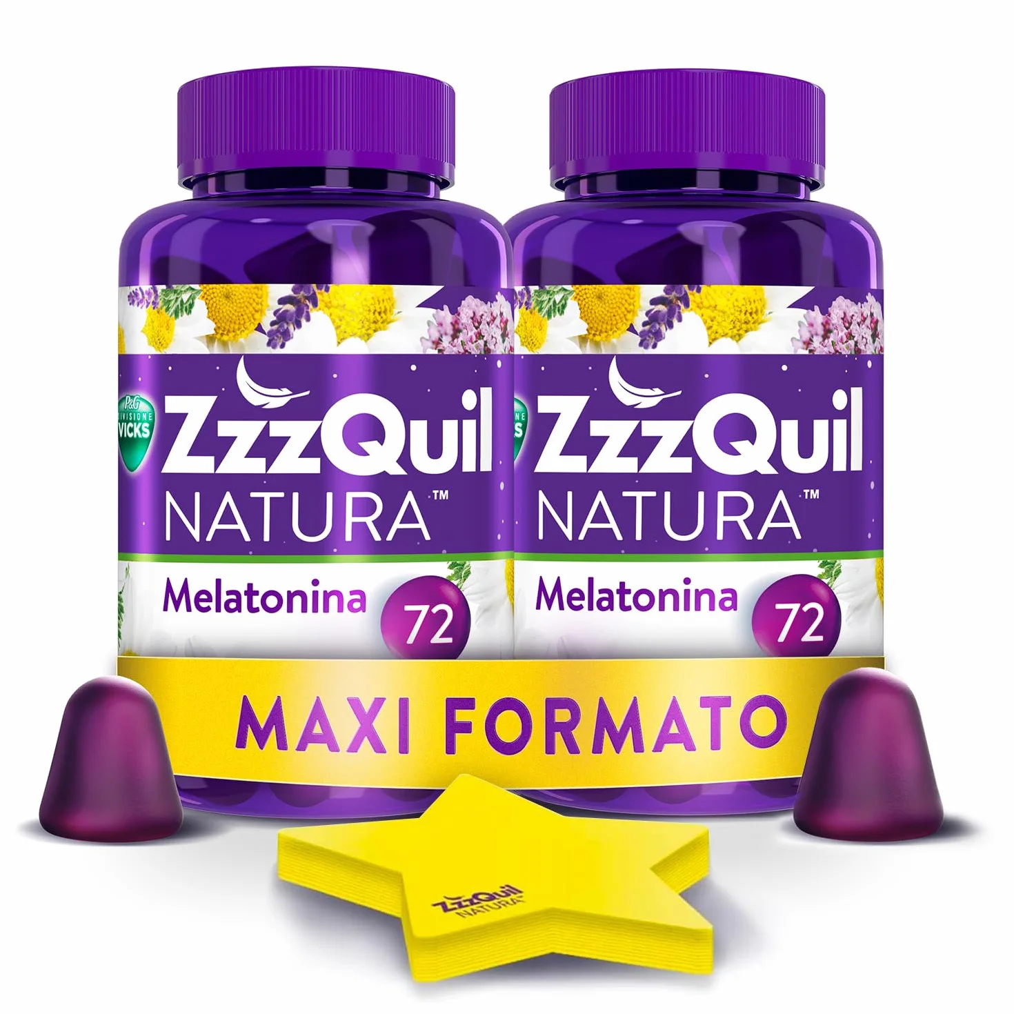 ZzzQuil Natura Integratore con Melatonina, Valeriana, Camomilla e Lavanda, Gommose Frutti Di Bosco 2x72