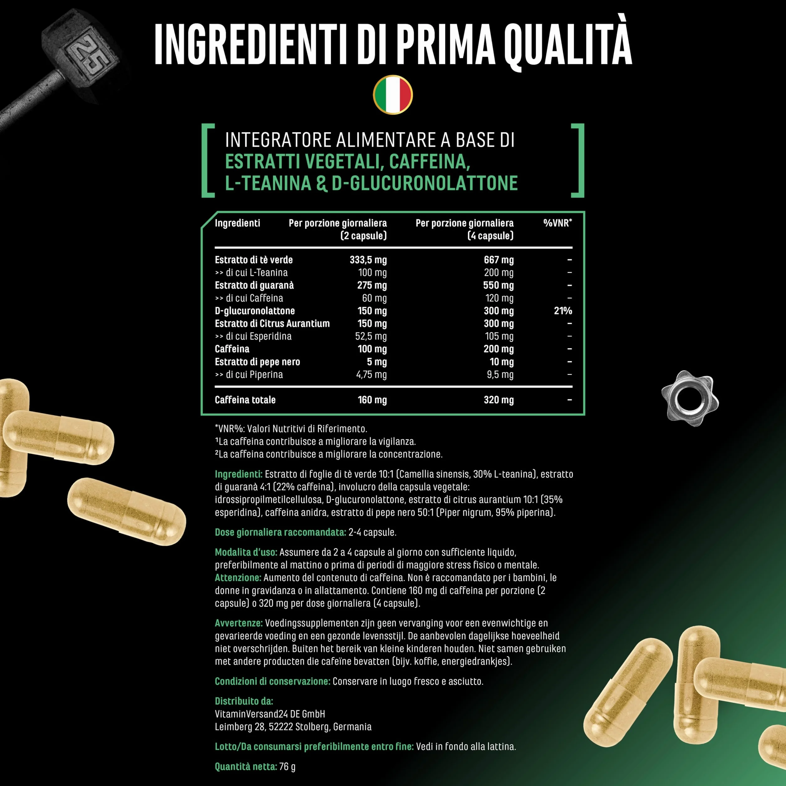 Focus Caps - 120 capsule - Miscela per le prestazioni mentali con L-Teanina, Tè verde, Guaranà, estratto di Citrus Aurantium, Caffeina, D-Glucuronolattone - ad alto dosaggio, vegan
