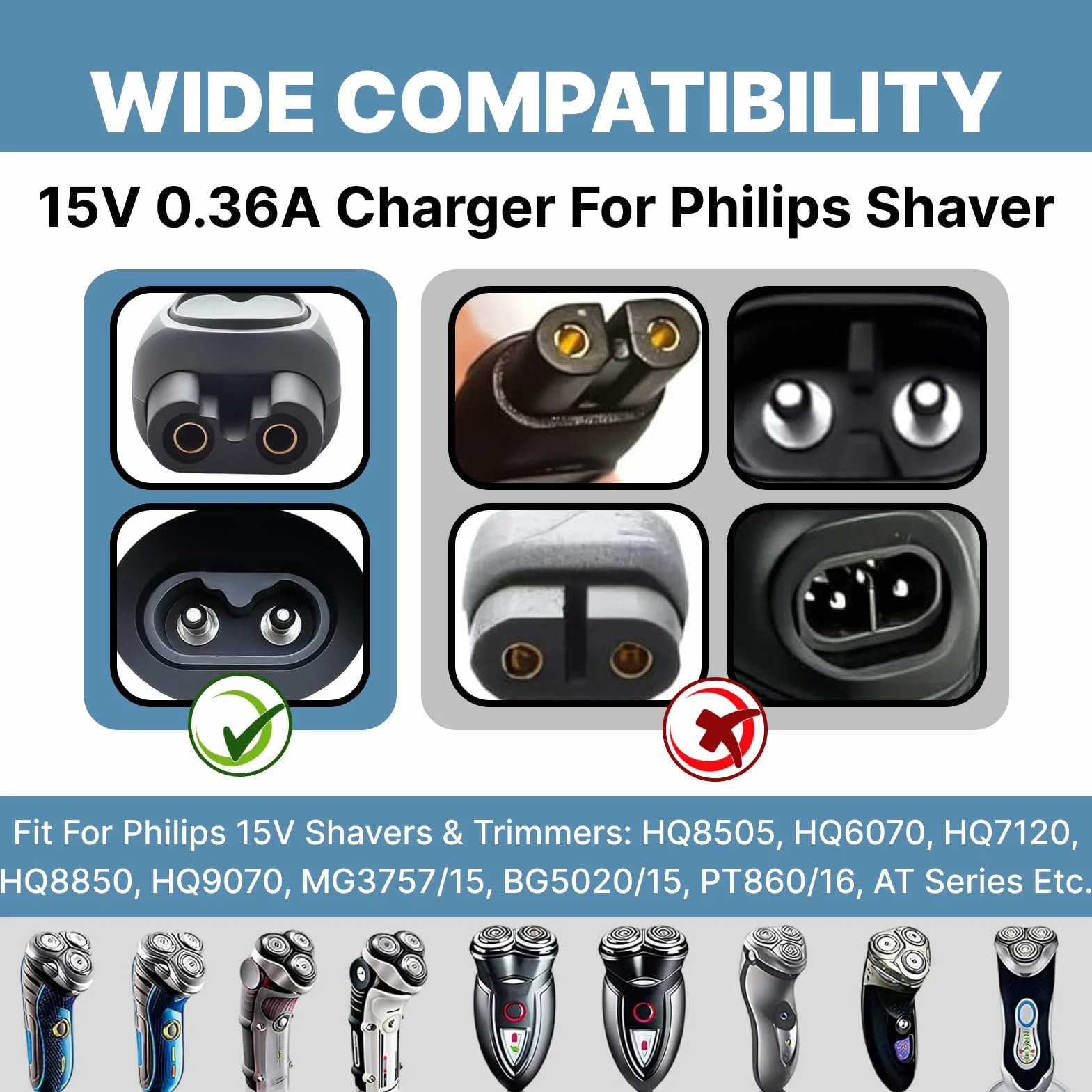 Caricatore per rasoio Philips 15 V 1,5 m compatibile 3000 5000 7000 9000 MG7720 MG7745 QP6510 QP6651 S5588 HC5630