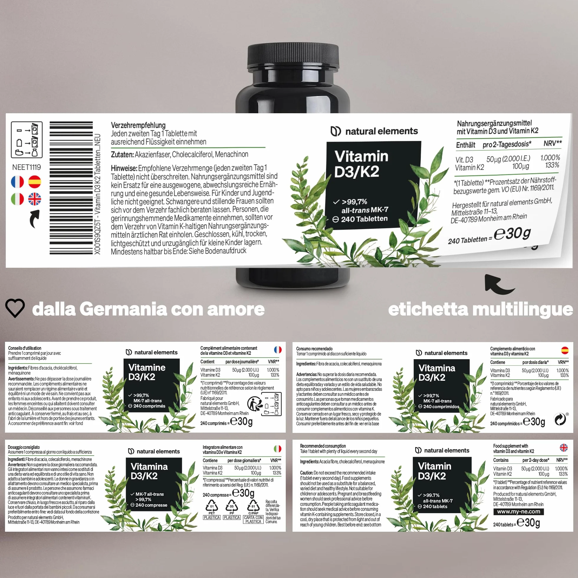 Vitamina D3 + K2 – MK-7 all-trans >99,7% e vitamina D3 2.000 U.I. – 240 compresse – ad alto dosaggio, elevata biodisponibilità – senza additivi inutili