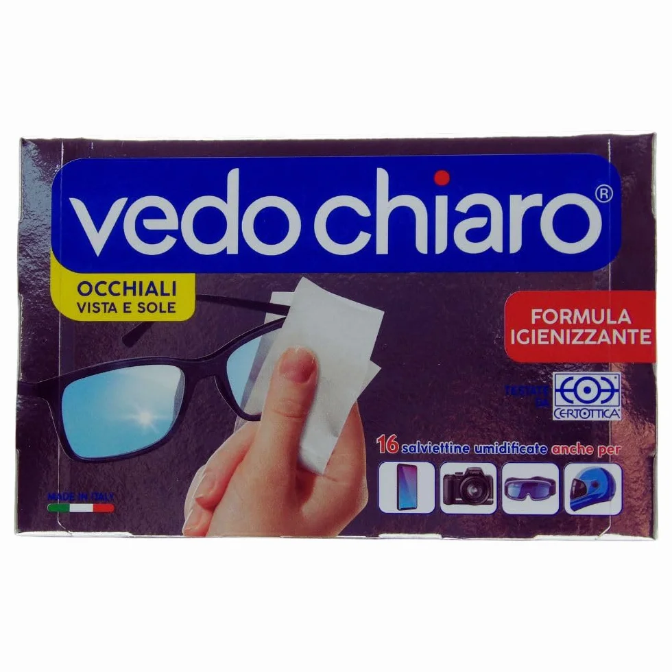 Vedo Chiaro 16 Salviettine Umidificate Monouso Studiate per la Pulizia delle Lenti degli Occhiali, da Vista e da Sole, degli Smartphone, dei Tablet e PC Portatili etc (2 CF da 16)