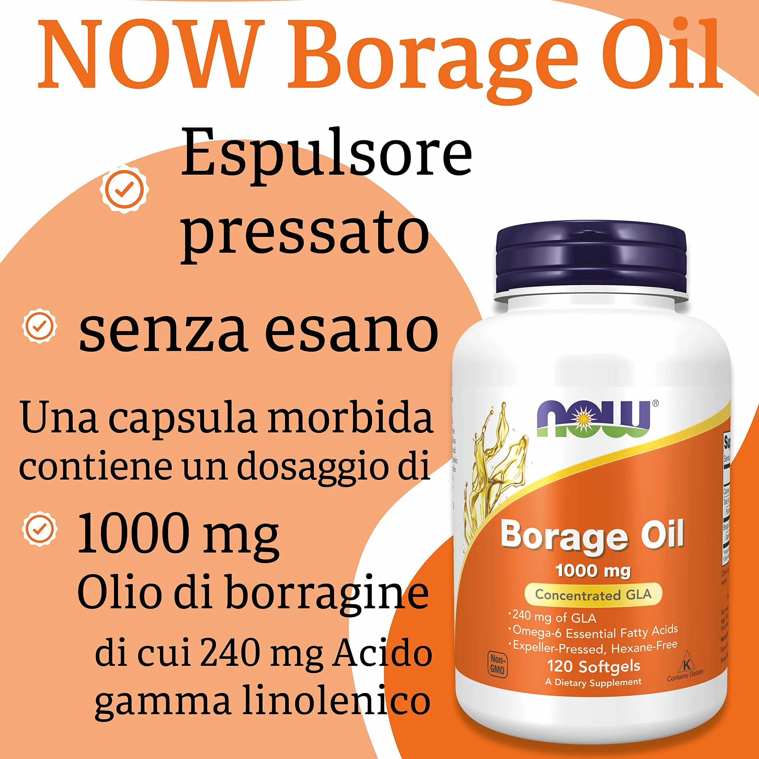 Now Foods Borage Oil 1000mg 120 Softgels Non-GMO Senza Glutine