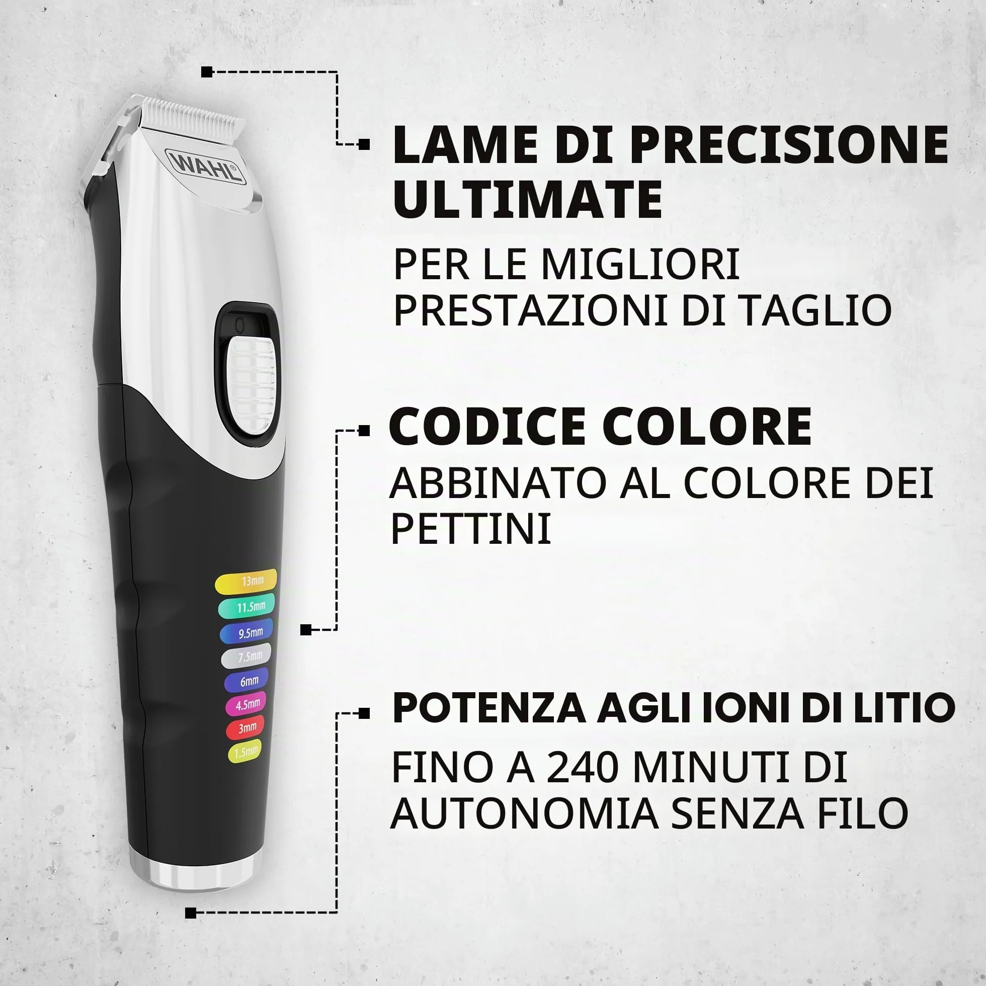 Wahl Colour Trim Tagliabarba Pettini Guida Codificati Colori 240 Minuti Funzionamento USB Lame Affilate Precisione