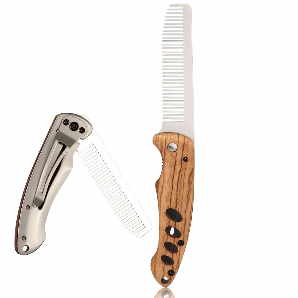 Pieghevole Pettine Barba Uomo Legno Acciaio Inox Accessorio Viaggio Modello Tascabile
