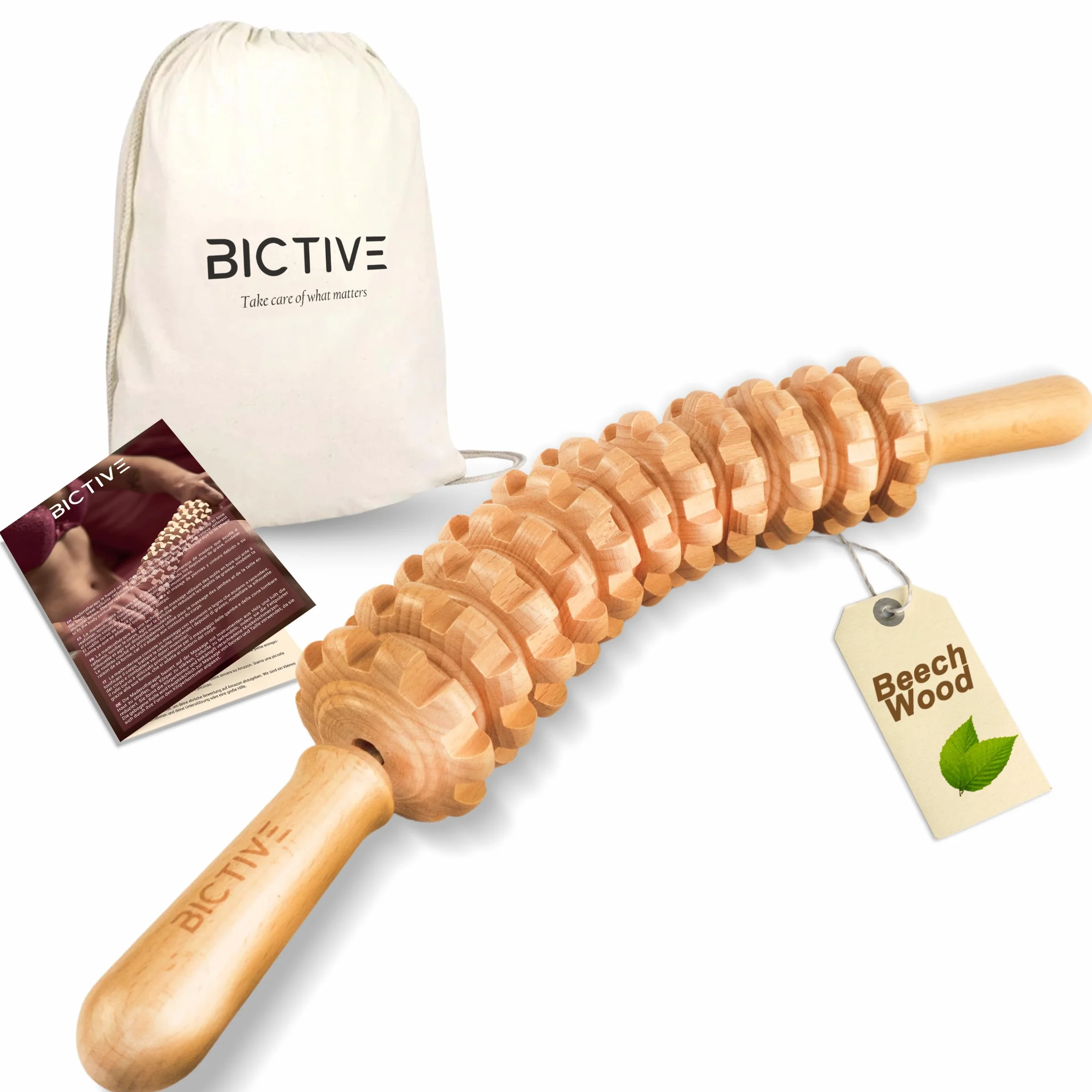 Rullo di Massaggio per Cellulite in Legno di Faggio con Sacchetto