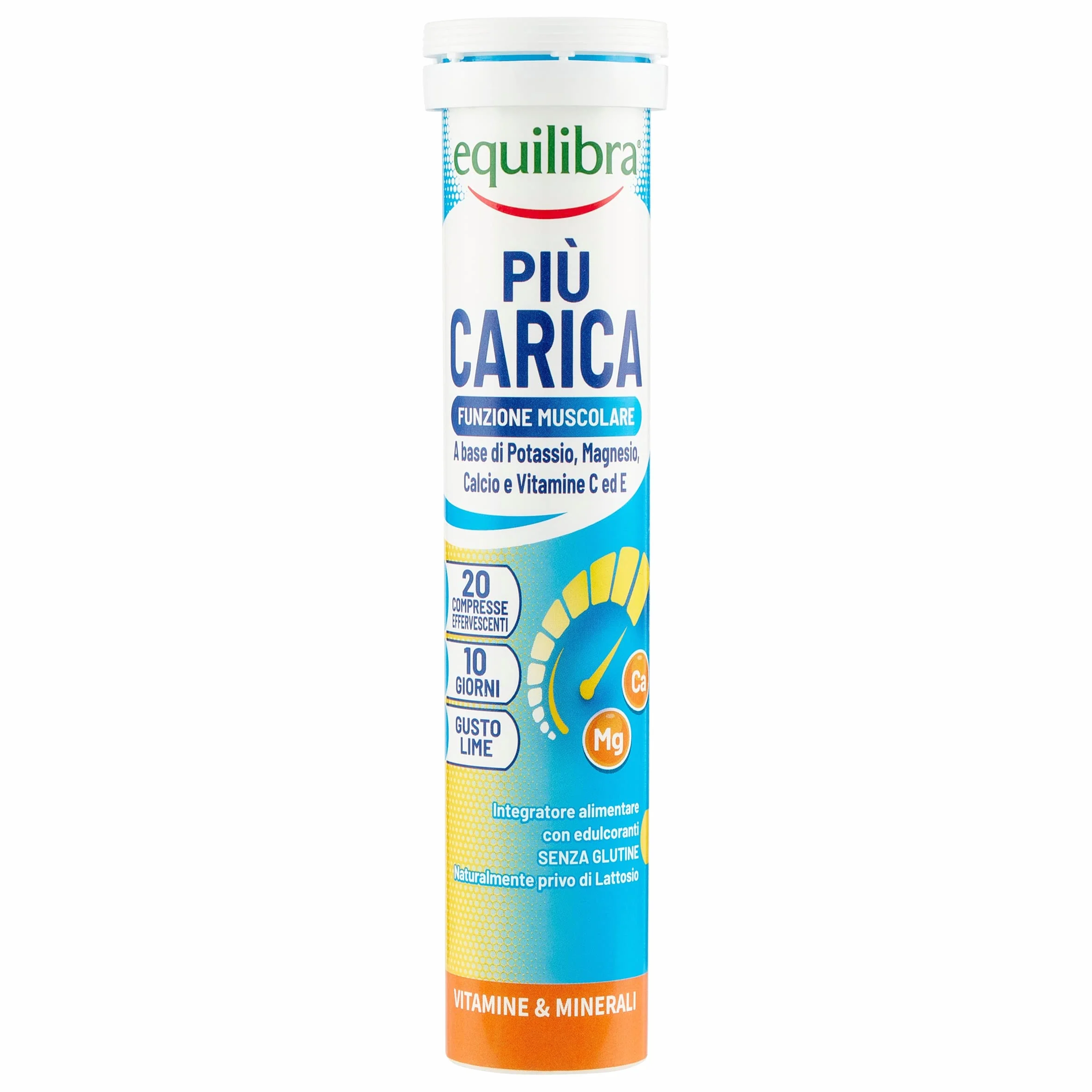 Equilibra Integratori Alimentari, Più Carica, Integratore per la Normale Funzione Muscolare, con Potassio, Magnesio, Calcio, Vitamina C e Vitamina E, Gusto Lime, 3 pezzi da 20 Compresse Effervescenti