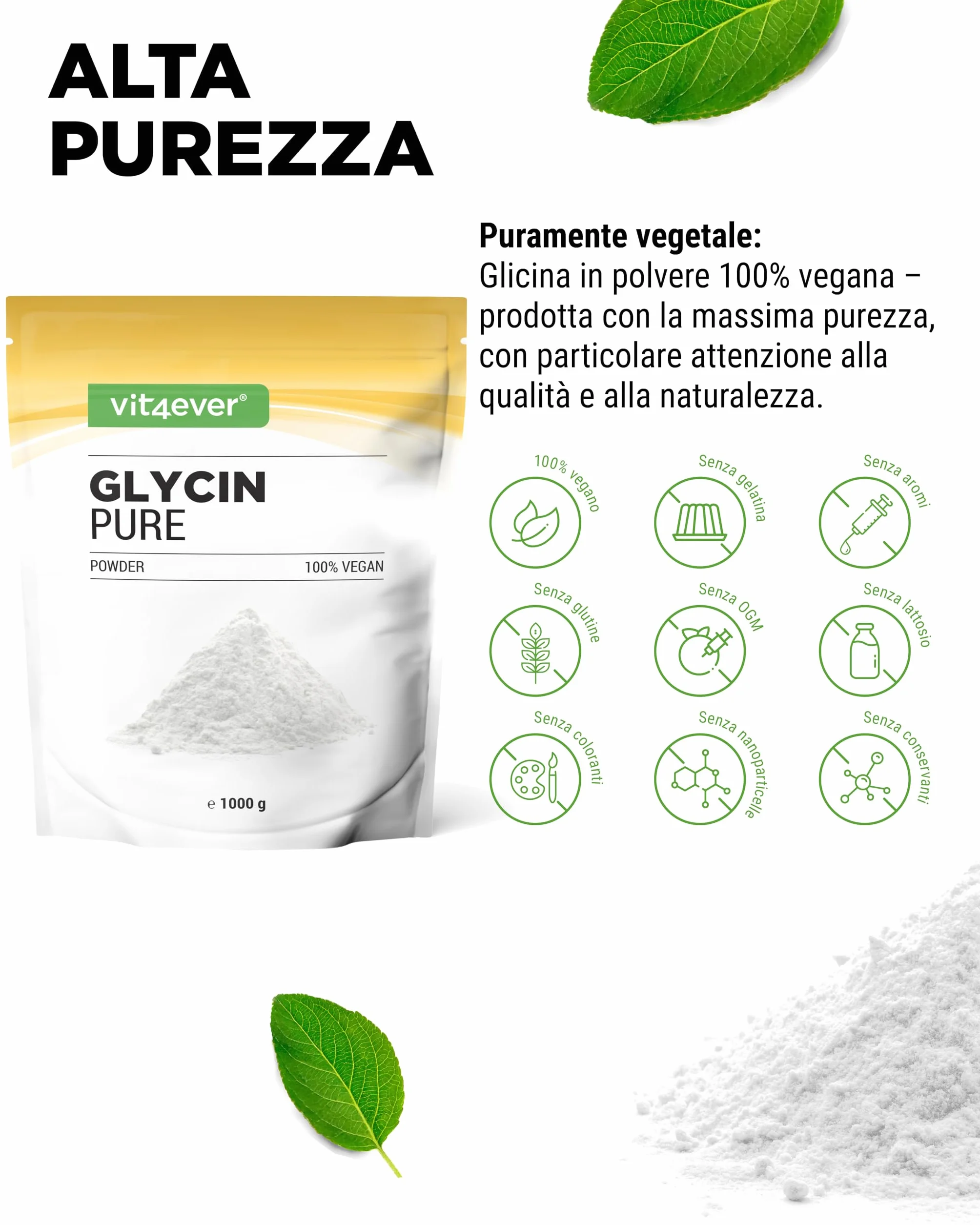 vit4ever Glicina pura - 1000 g (1 kg) di polvere pura senza additivi - Con cucchiaio dosatore - Amminoacido L-glicina dosato in modo ottimale, naturalmente dolce - Vegano