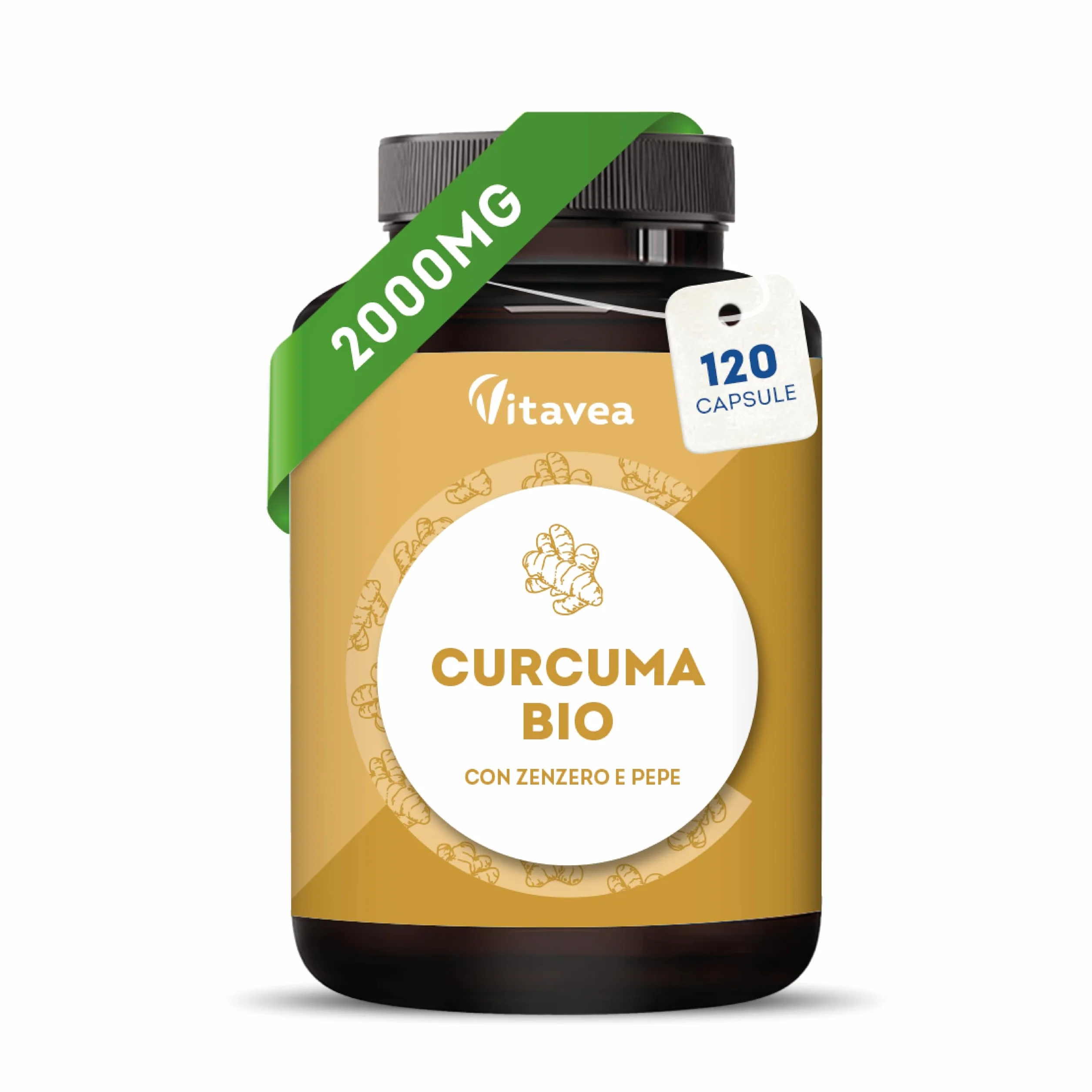 Curcuma Bio 2000 mg con Zenzero e Pepe Nero 120 Capsule Vegane Integratore di Curcumina Antiossidante Naturale Articolazioni Digestione Fegato Vitavea