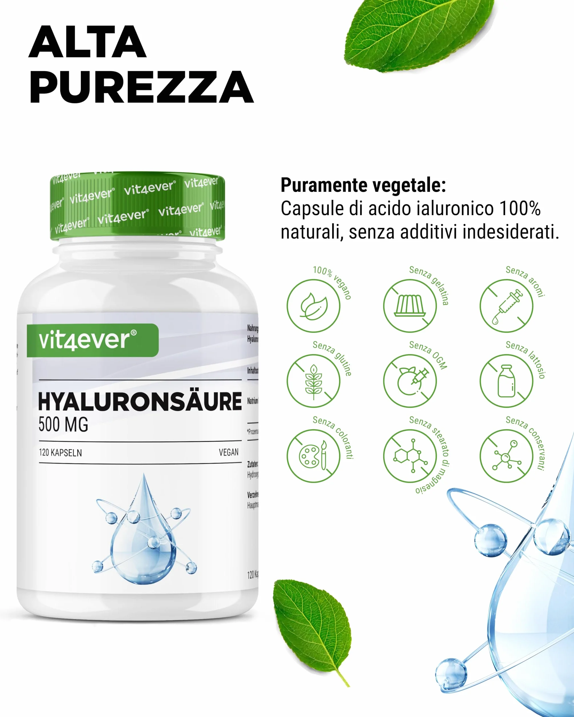 Acido Ialuronico 120 Capsule 500 mg 500-700 kDa Fermentazione Vegetale Vegano