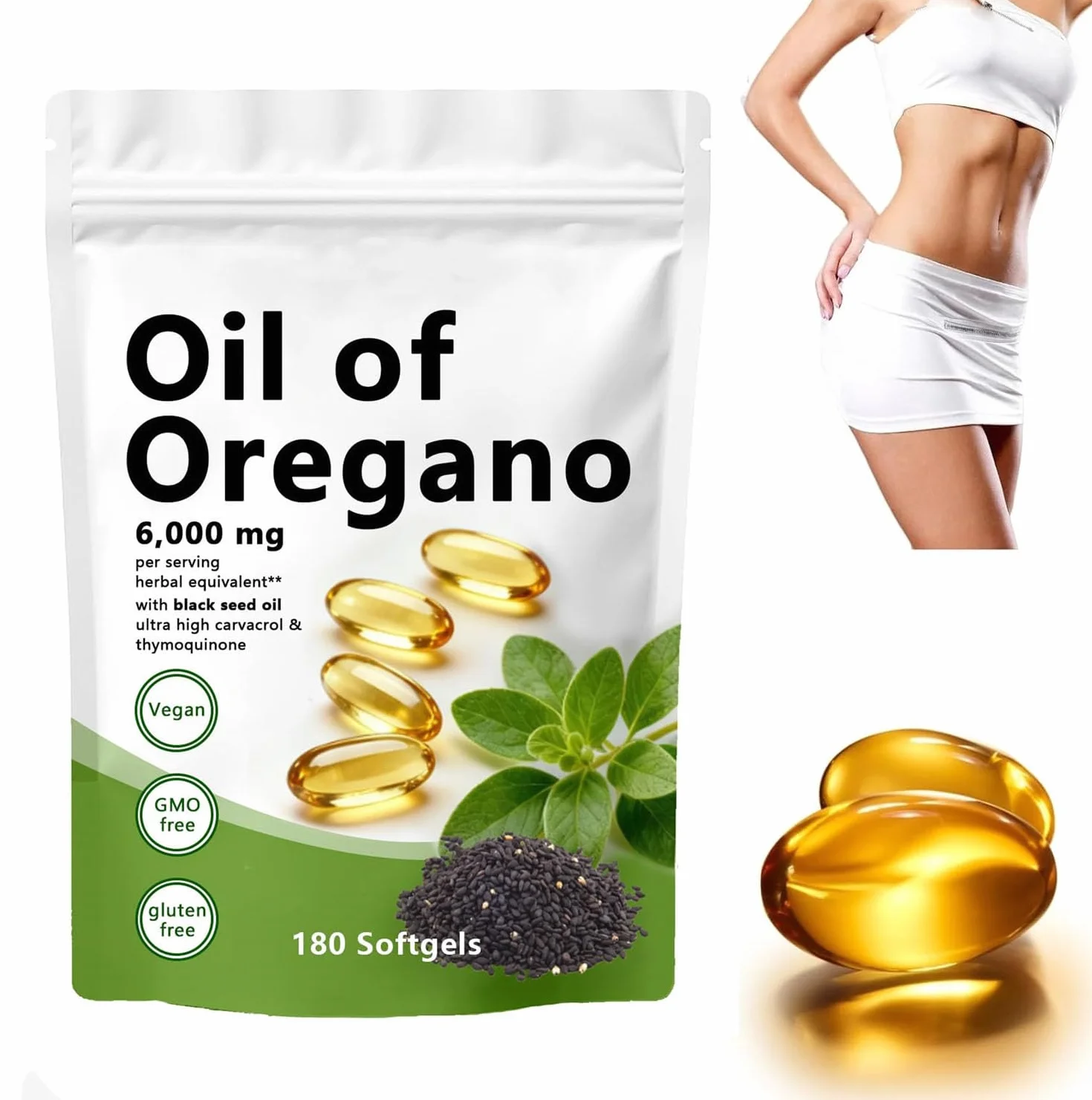 Olio di origano Softgels 180 pezzi 2 in 1 formulato con olio di semi neri carvacrolo timochinone 4X forza Non OGM senza glutine