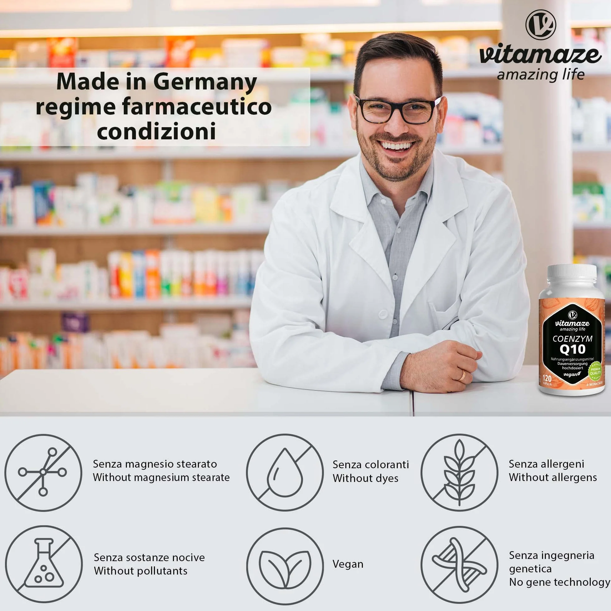 Vitamaze® Coenzima Q10 200 mg per Capsula Vegano, 120 Capsule per 4 Mesi, Ubichinone con la Migliore Biodisponibilità, Integratore Alimentare senza Additivi non Necessari, Qualità Tedesca…