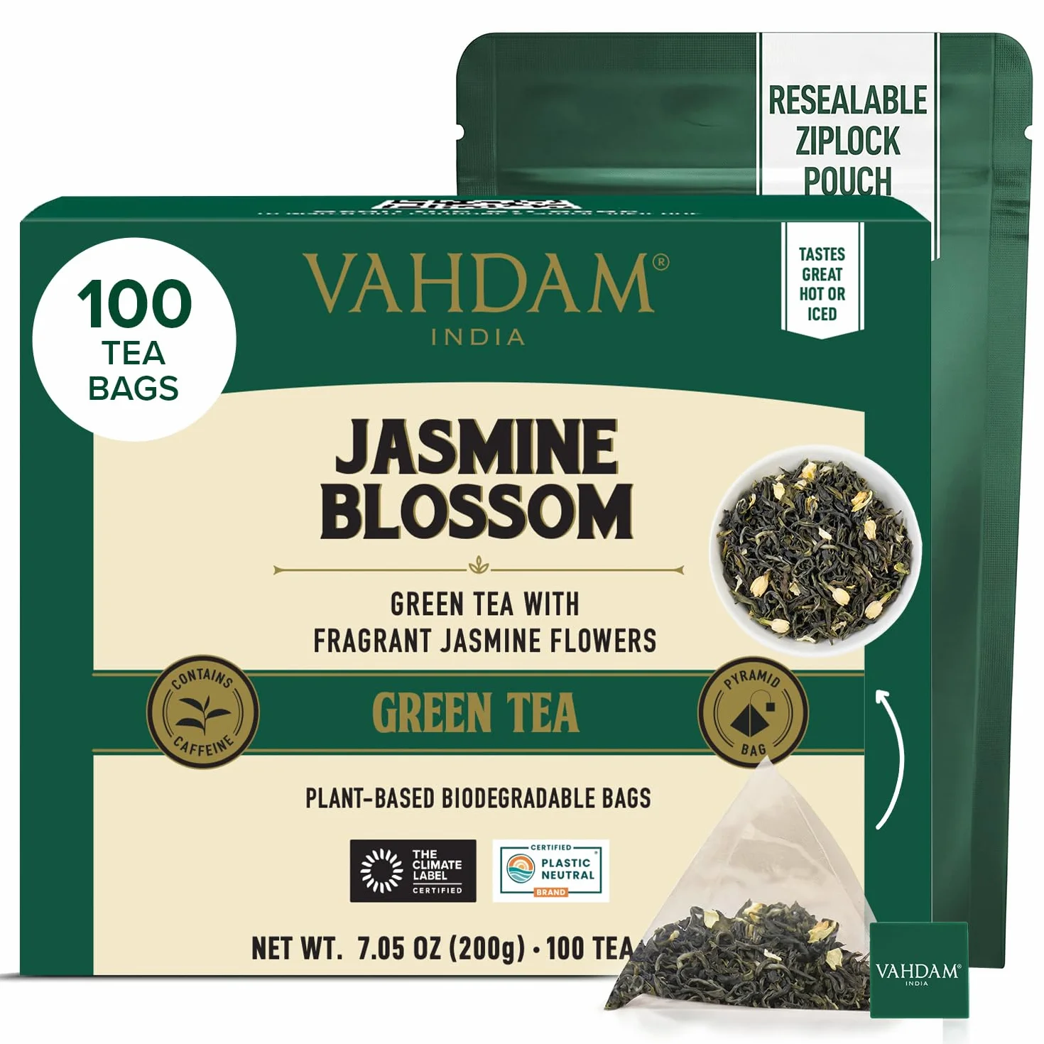 VAHDAM, Tè Verde al Gelsomino (100 Bustine) | Medio Tenore di Caffeina | Te Verde in Foglie di Alta Quota con Fiori di Gelsomino | In Bustina Richiudibile con Chiusura Ermetica