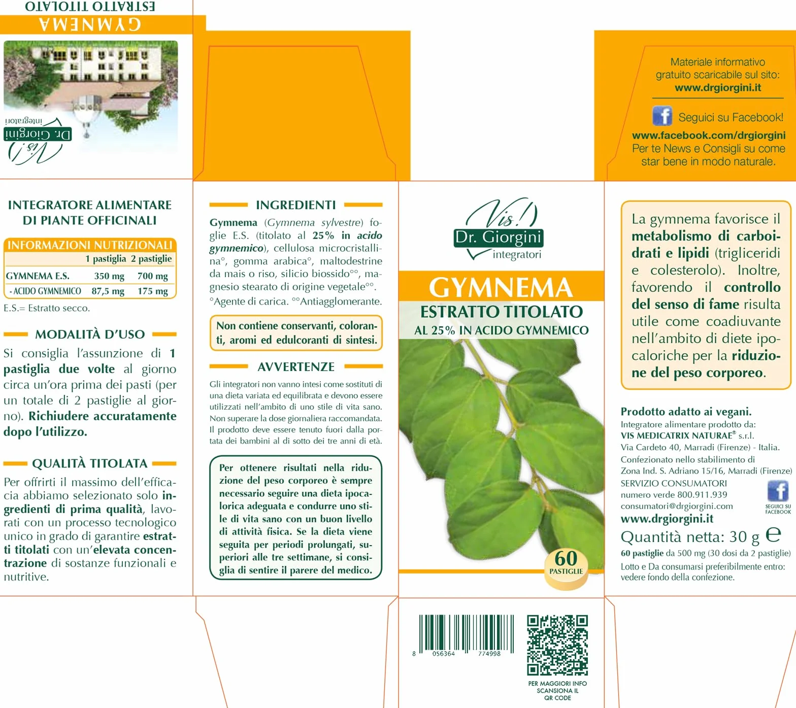 Dr. Giorgini Gymnema Estratto Titolato 25% Acido Gymnemico Pastiglie 30 g