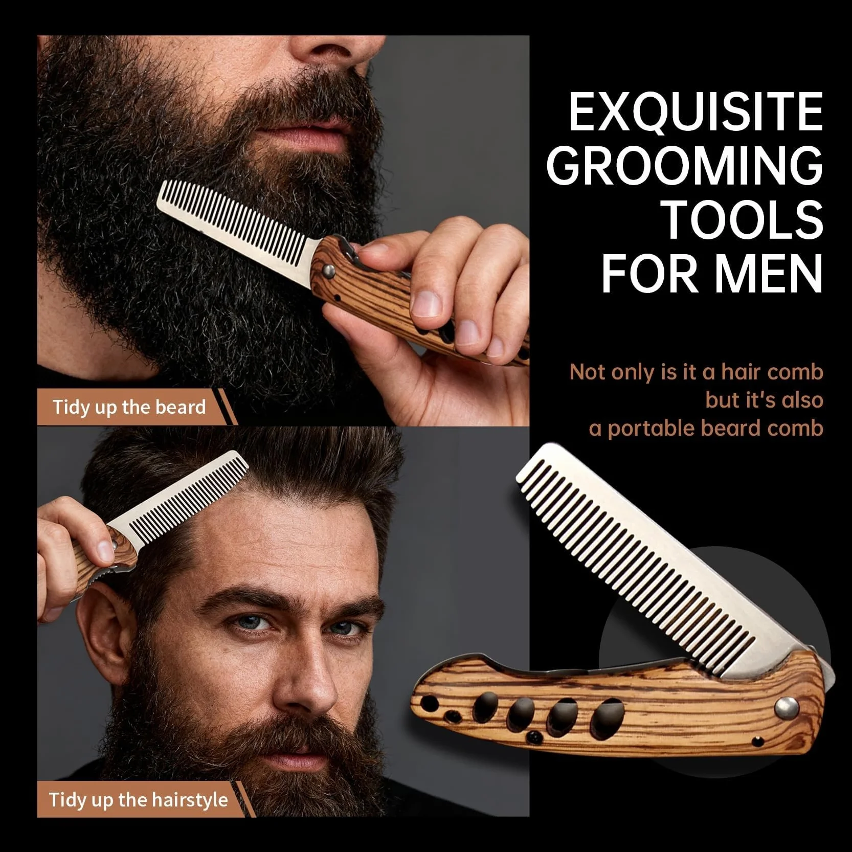 Pieghevole Pettine Barba Uomo Legno Acciaio Inox Accessorio Viaggio Modello Tascabile