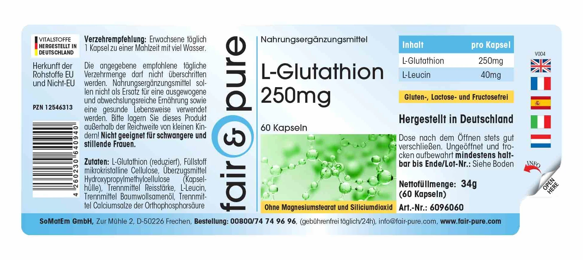 Fair & Pure® - L-Glutatione 250 mg - Ridotto - Biodisponibile - Vegan - 60 Capsule
