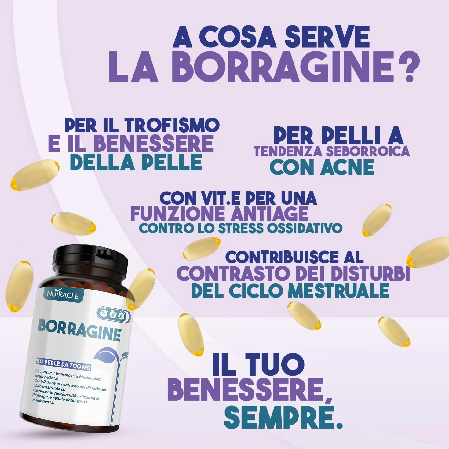 Nutracle Olio di Borragine perle 700 mg Integratore pelle capelli GLA 20% Omega 6 ciclo mestruale acne 50 perle