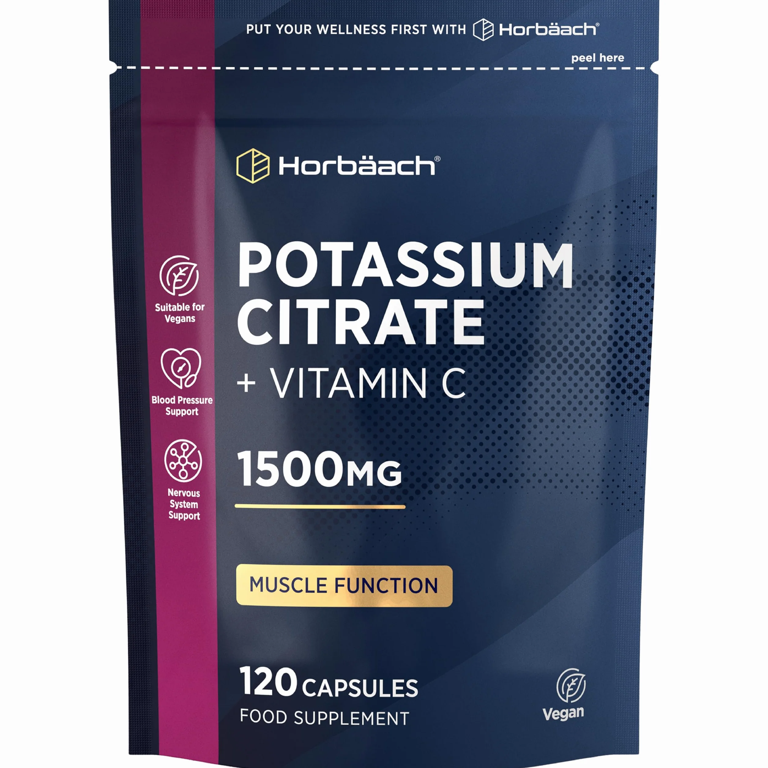 Citrato di Potassio con Vitamina C | 120 Compresse Vegane | 1500mg di Potassium Citrate | Aumento della massa muscolare e Elettroliti (EFSA) | Integratore di Potassio | Horbaach