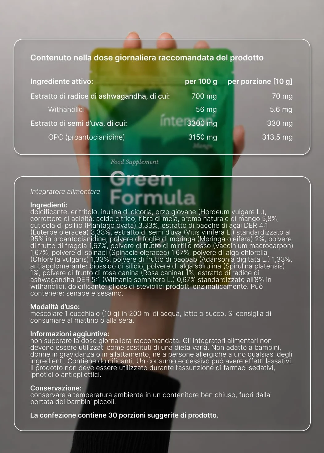 Intenson Green Formula Mango Super Greens Polvere Superfood Blend Chlorella Spirulina Ashwagandha OPC Moringa Senza Zucchero Bevanda Funzionale 300 g