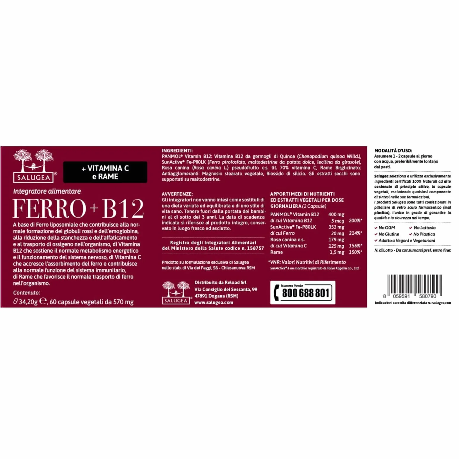 Salugea FERRO + B12 Salugea - Integratore 100% Naturale - Con Ferro liposomiale, Vitamina B12, Rosa Canina (Vitamina C) e Rame - 60 Capsule Vegetali in Flacone in vetro scuro farmaceutico