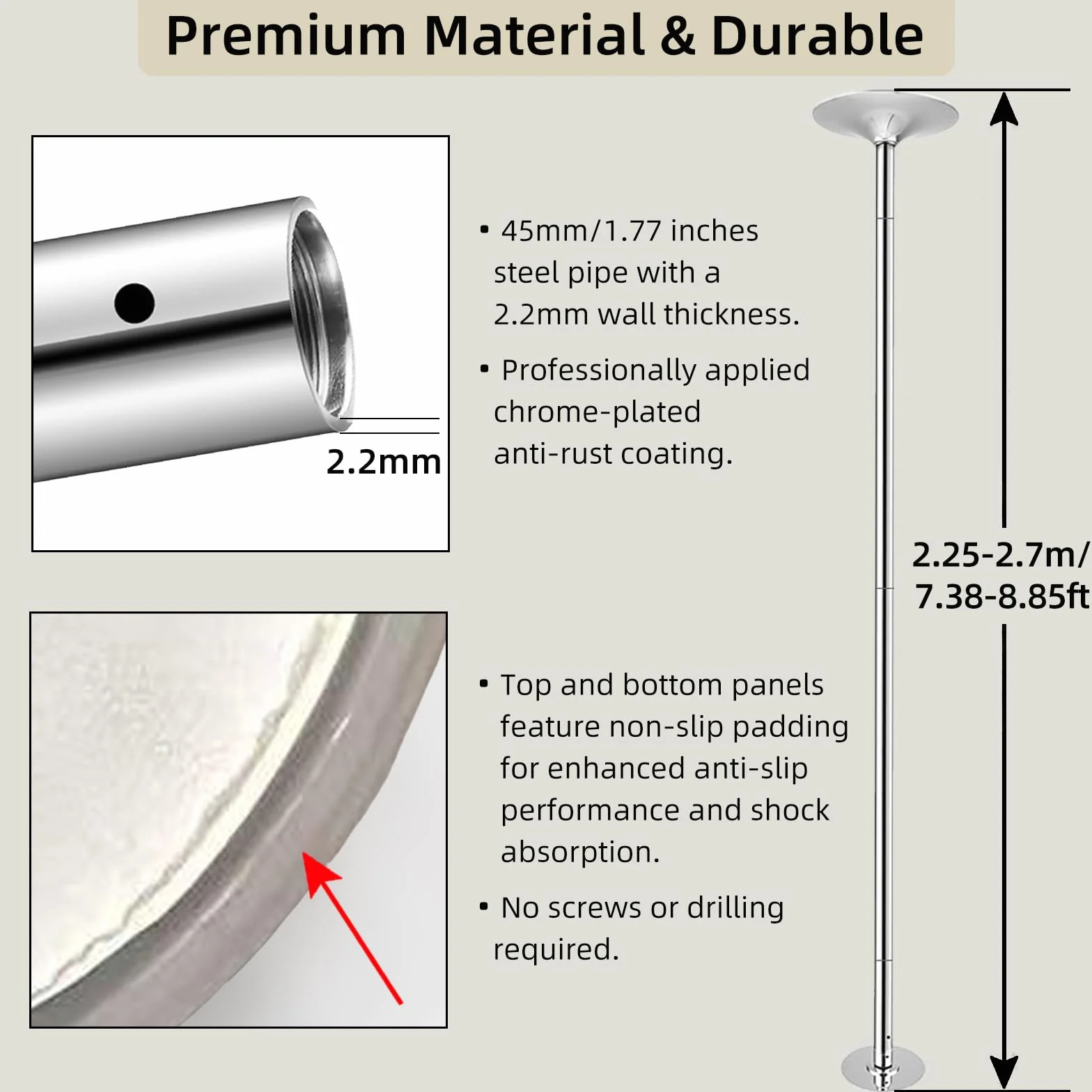 Set bastoncini da ballo regolabili altezza 45 mm 200 kg argento CE