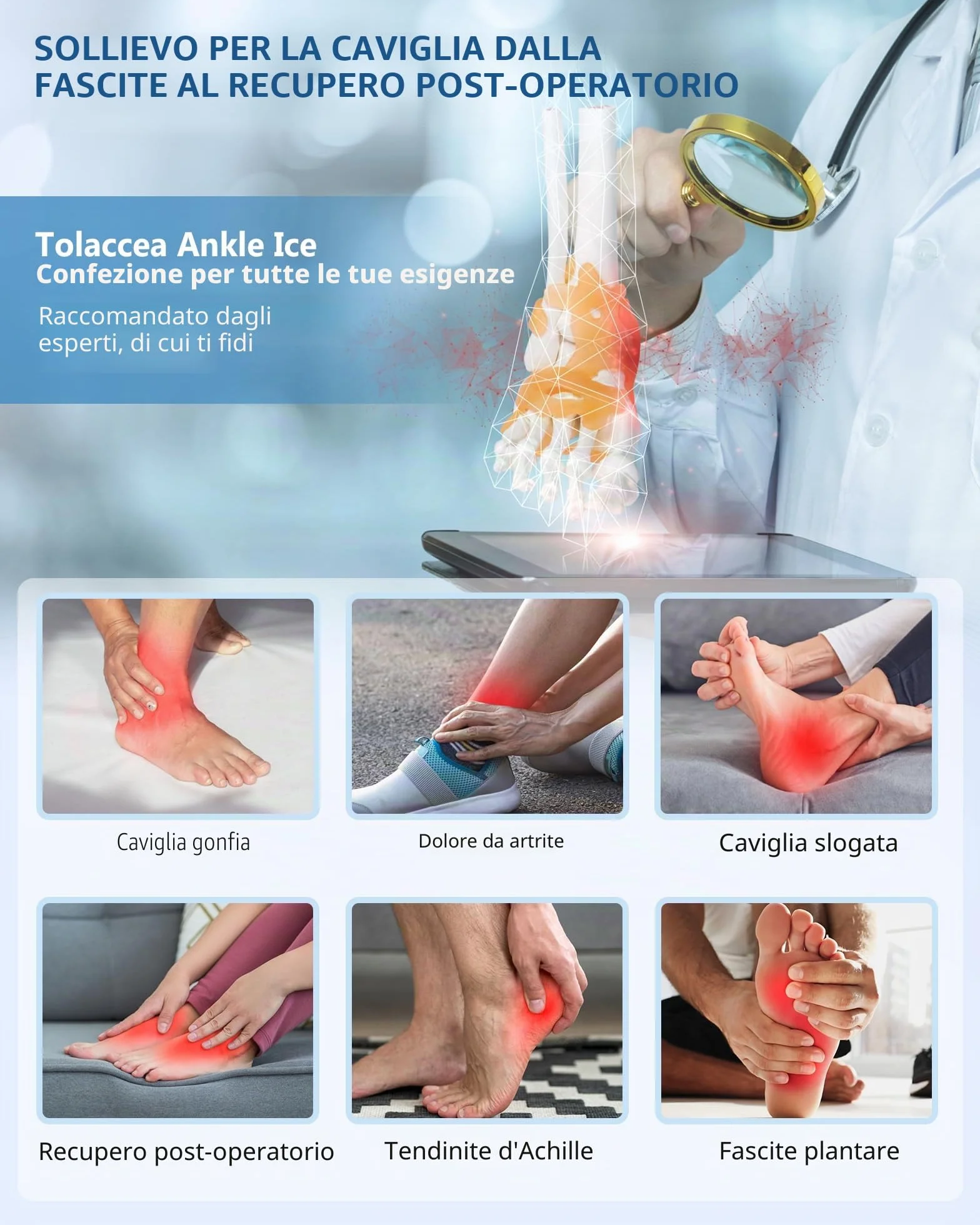 Tolaccea Supporto Ghiaccio per Caviglia e Piede, Impacco di Gel Riutilizzabile per Terapia Caldo e Freddo, Fascia Compressiva per Tendinite d'Achille, Fascite Plantare, Gonfiore L