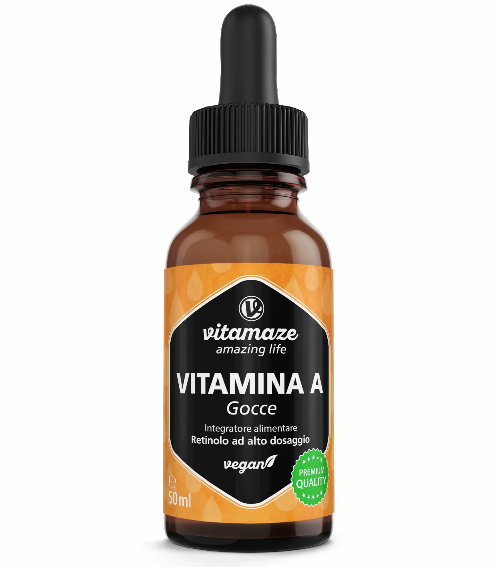 Vitamina A Gocce 5000 UI ad Alto Dosaggio per Dose Giornaliera, Retinolo Vegano & Liquido, 50 ml (1700 Gocce), Alta Biodisponibilità, Integratore Alimentare Naturale & Pura, senza Additivi