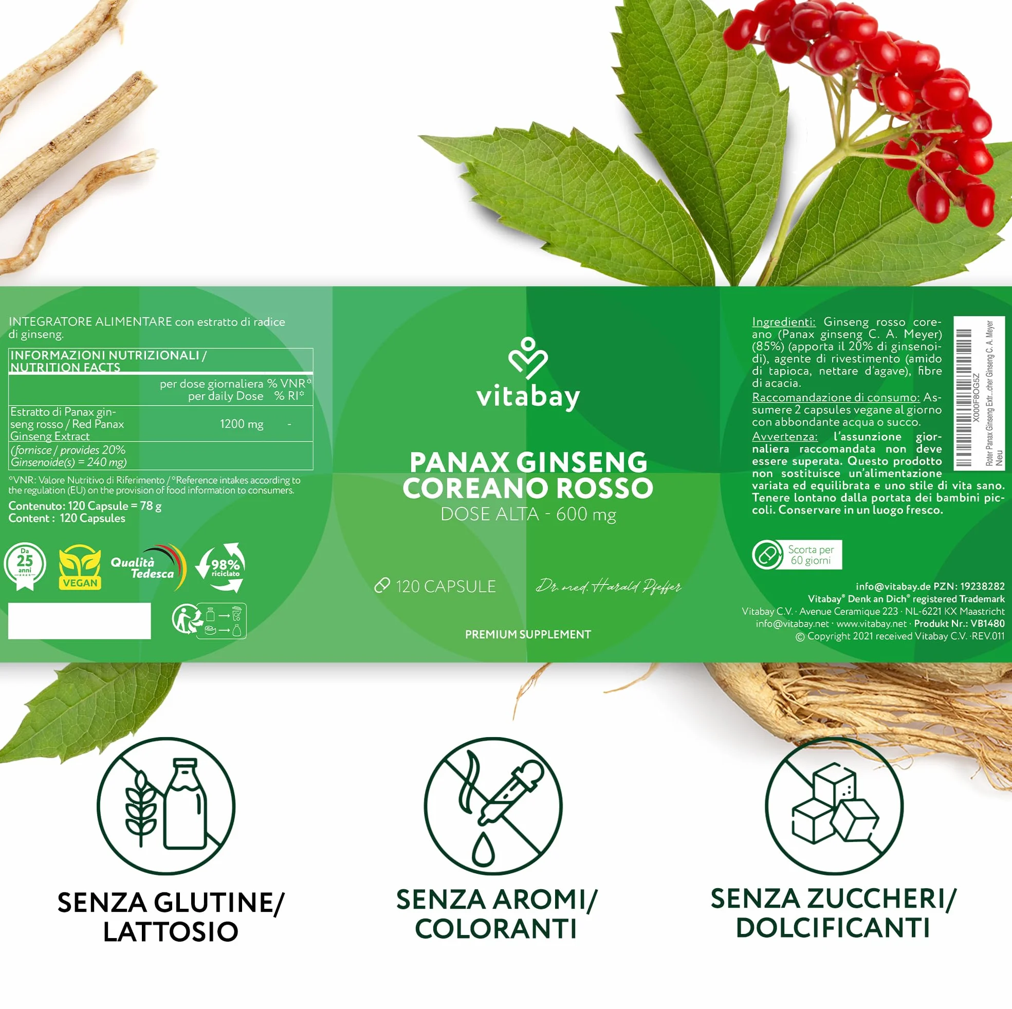 Vitabay Panax Ginseng Rosso 600 mg 120 Capsule Vegane Standardizzato 20% Ginsenosidi Vero Ginseng Coreano