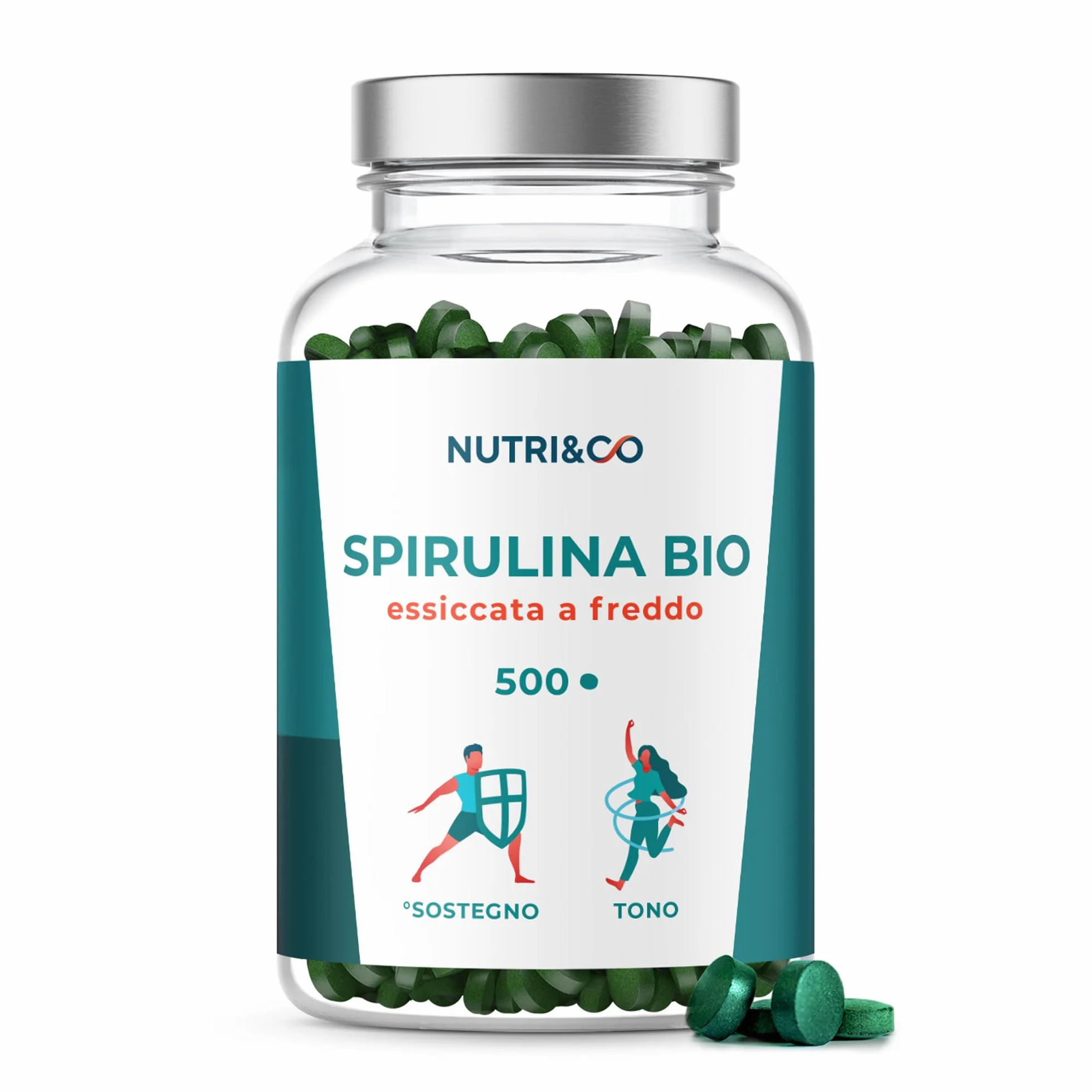 NUTRI & CO Spirulina Biologica 500 Compresse Bio 500 mg Senza Eccipienti 15% Ficocianina Polvere Essiccata Compressa a Freddo