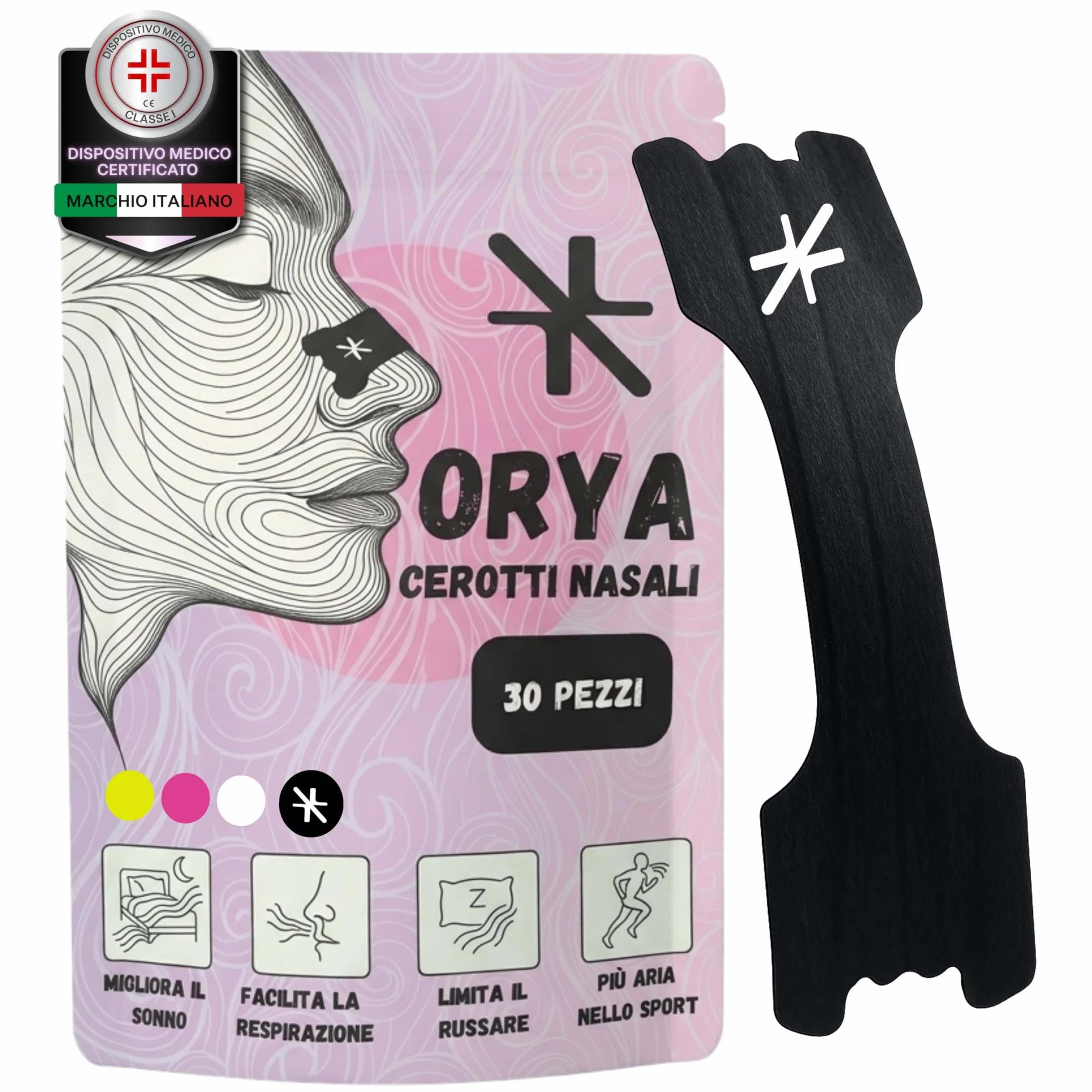 ORYA 30 Cerotti Nasali Antirussamento Sport, Dilatatore Nasale Respirare Meglio, Nero