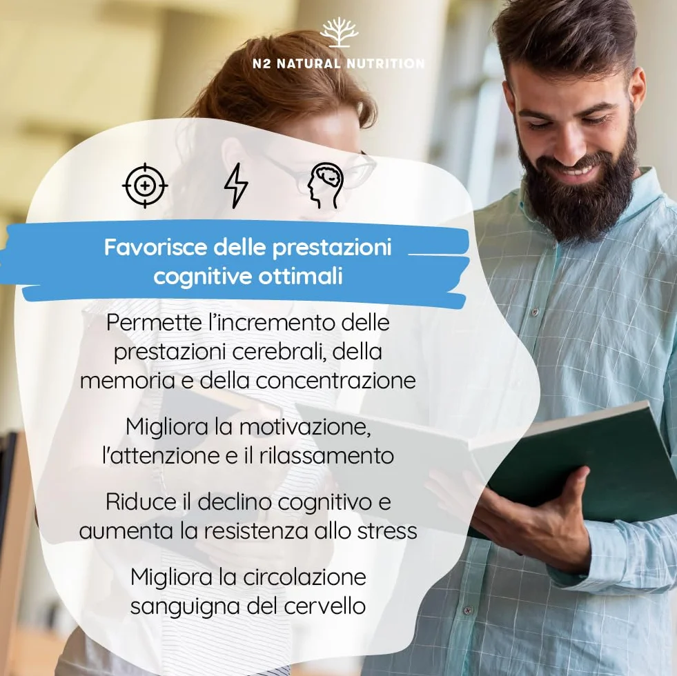 N2 Natural Nutrition Nootropico Naturale Ginkgo Biloba 1140mg Caffeina Bacopa Monnieri Integratore Concentrazione Memoria Vitamine Vegan 60 capsule