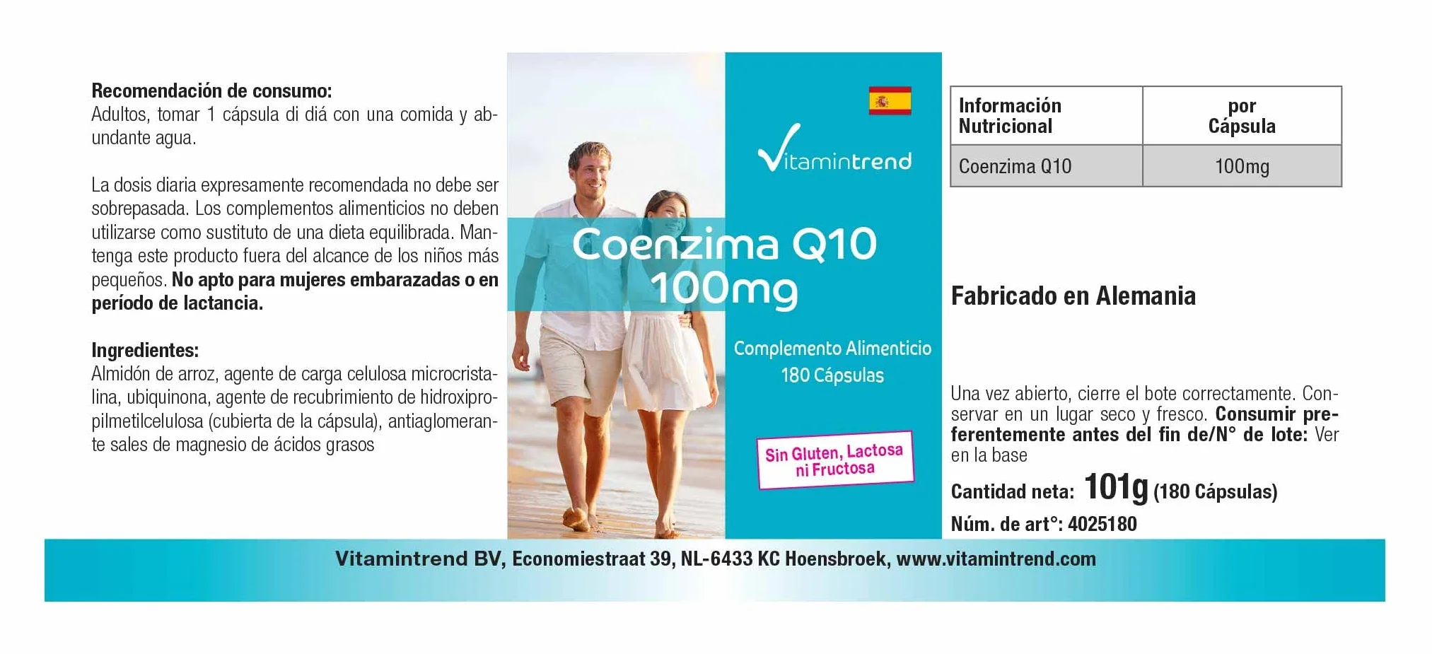 Vitamintrend Coenzima Q10 100 mg, 180 capsule, facili da deglutire, ad alto dosaggio, integratore alimentare vegano senza magnesio stearato, prodotto in Germania